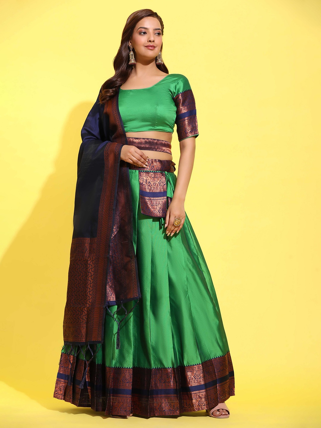 

MAGMINA Unstitched Woven Design Lehenga With Blouse & Dupatta, Lime green