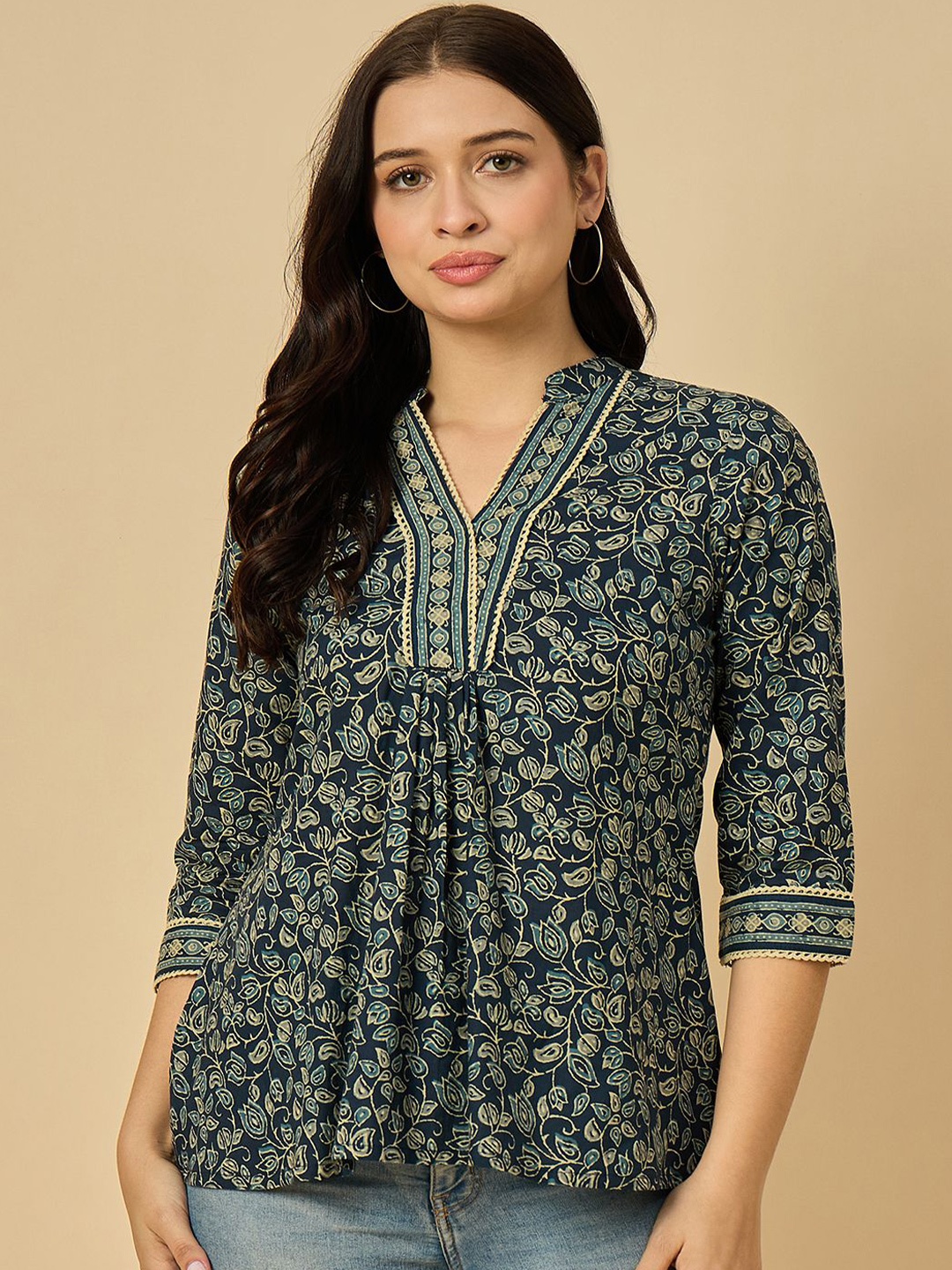 

Azira Women Mandarin Collar Printed Tunic, Blue