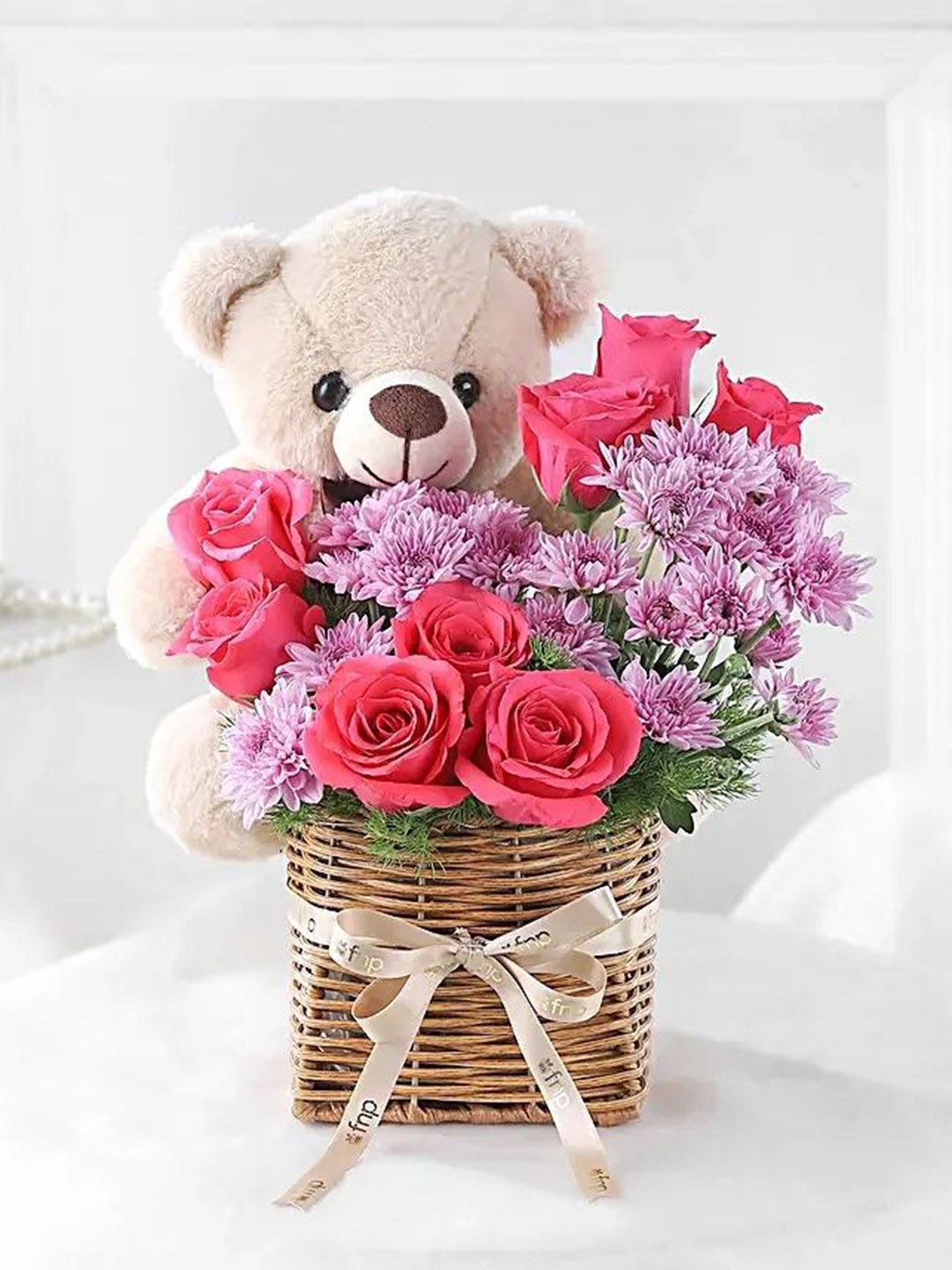 

fnp 12 Pieces Red Roses Valentines Day Fresh Flowers Bouquet With Teddy Bear, Pink