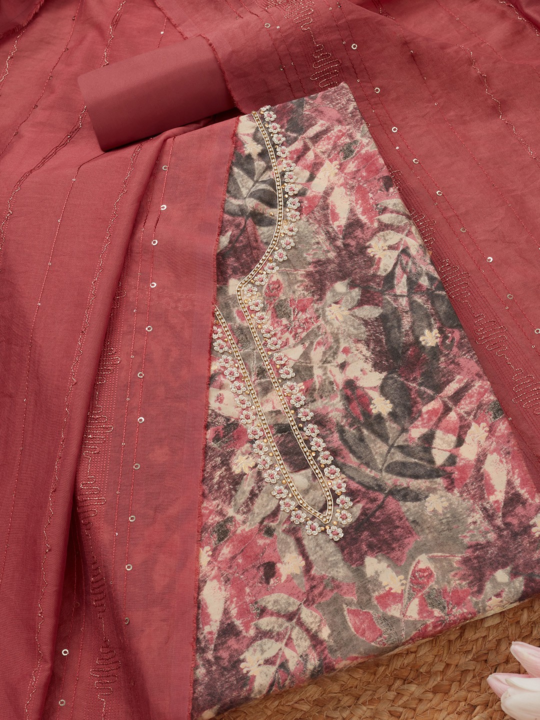

Soch Botanical Printed Beads And Stones Unstitched Dress Material, Pink