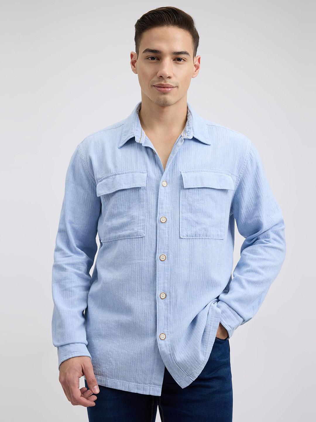 

Pepe Jeans Men Relaxed Fit Spread Collar Solid Cotton Casual Shirt, Blue