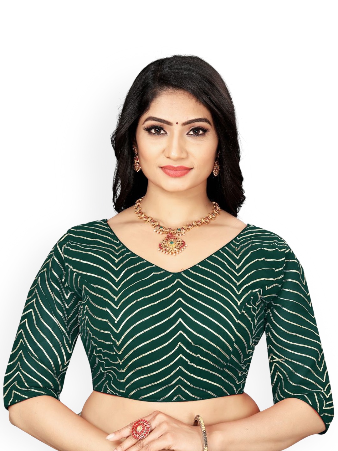 

HERE&NOW Embroidered Gotta Patti V-Neck Saree Blouse, Green