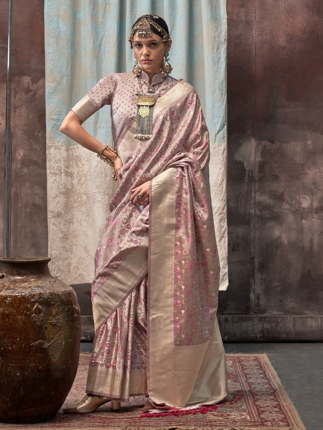 

MAHALASA Ethnic Motifs Zari Pure Silk Kanjeevaram Saree, Pink