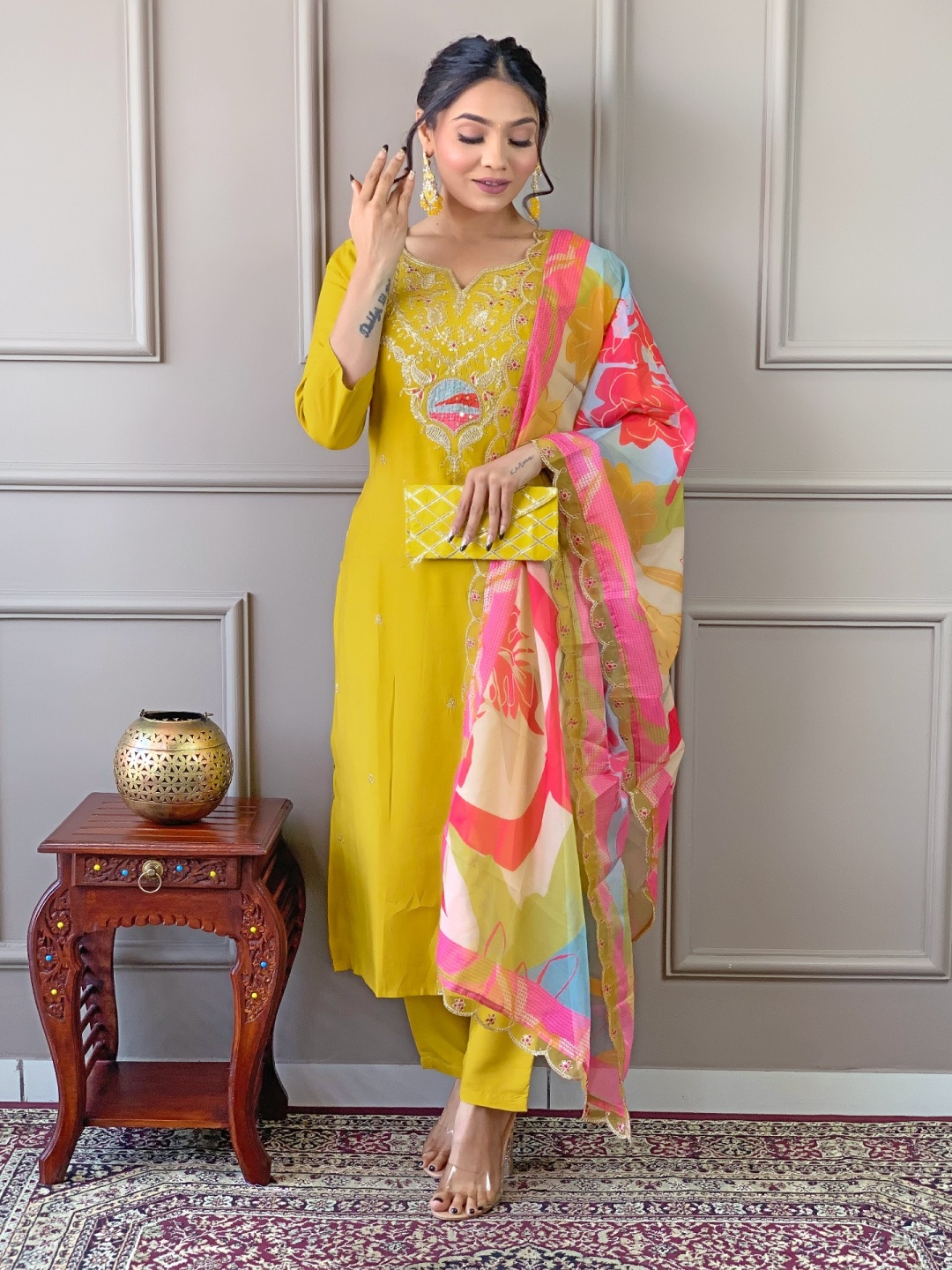 

KALINI Floral Embroidered Notch Neck Sequinned Straight Kurta With Trousers & Dupatta, Yellow