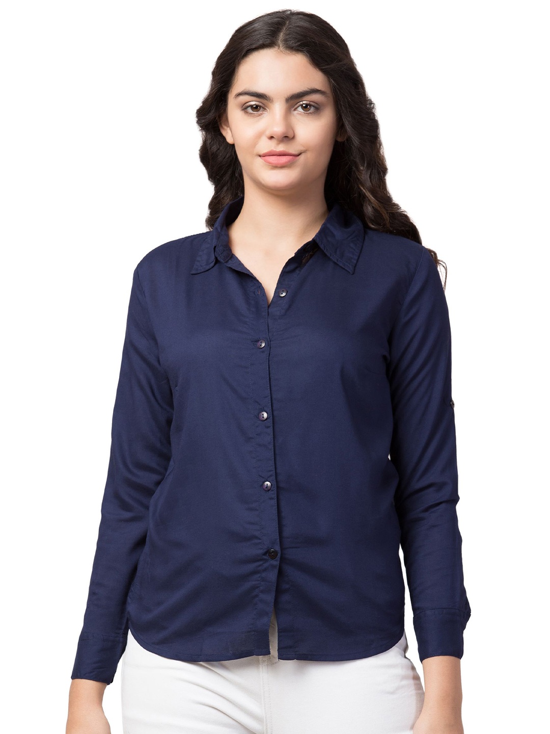 

Funday Fashion Women Regular Fit Spread Collar Solid Casual Shirt, Navy blue