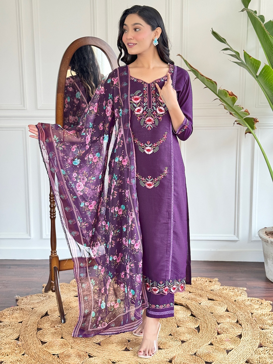 

KALINI Floral Embroidered V-Neck Straight Kurta With Trousers And Dupatta, Purple