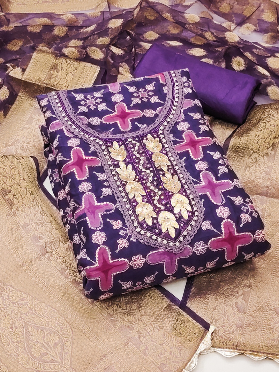 

ASISA Ethnic Motifs Printed Sequinned Unstitched Dress Material, Purple