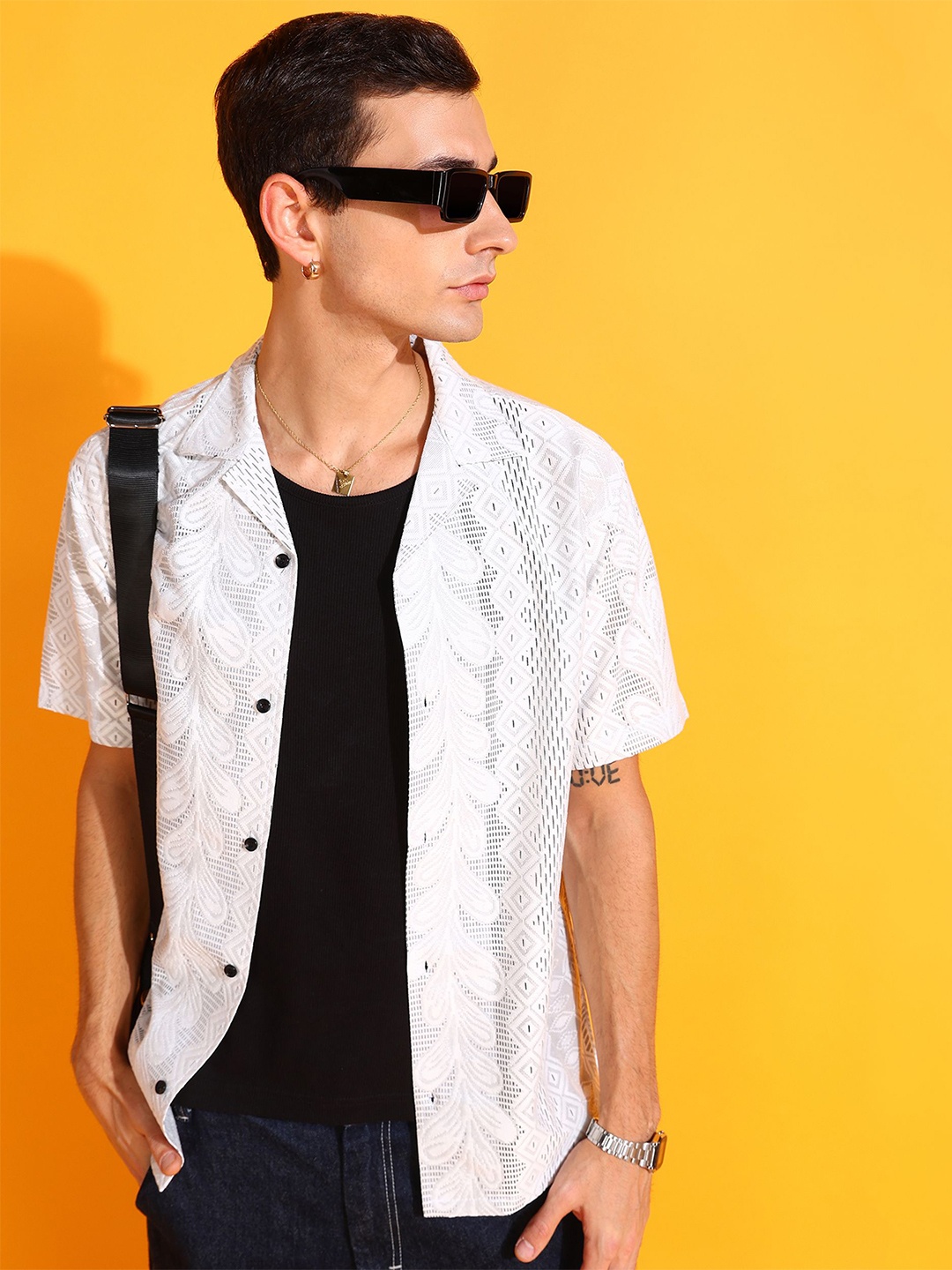 

INDICLUB Men Relaxed Fit Cuban Collar Textured Casual Shirt, White