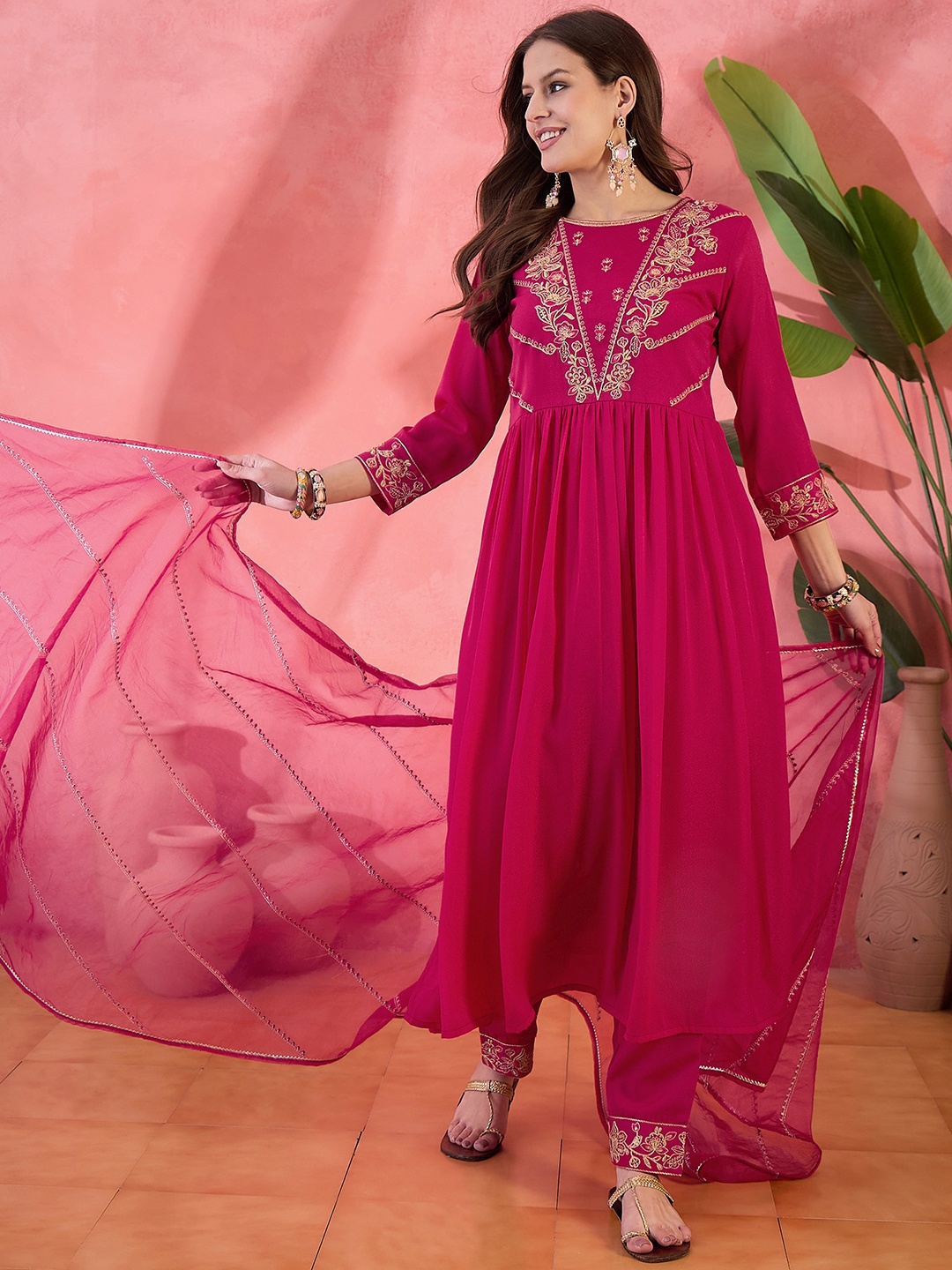 

Sangria Pink Floral Embroidered Poly Georgette Anarkali Kurta With Trousers And Dupatta