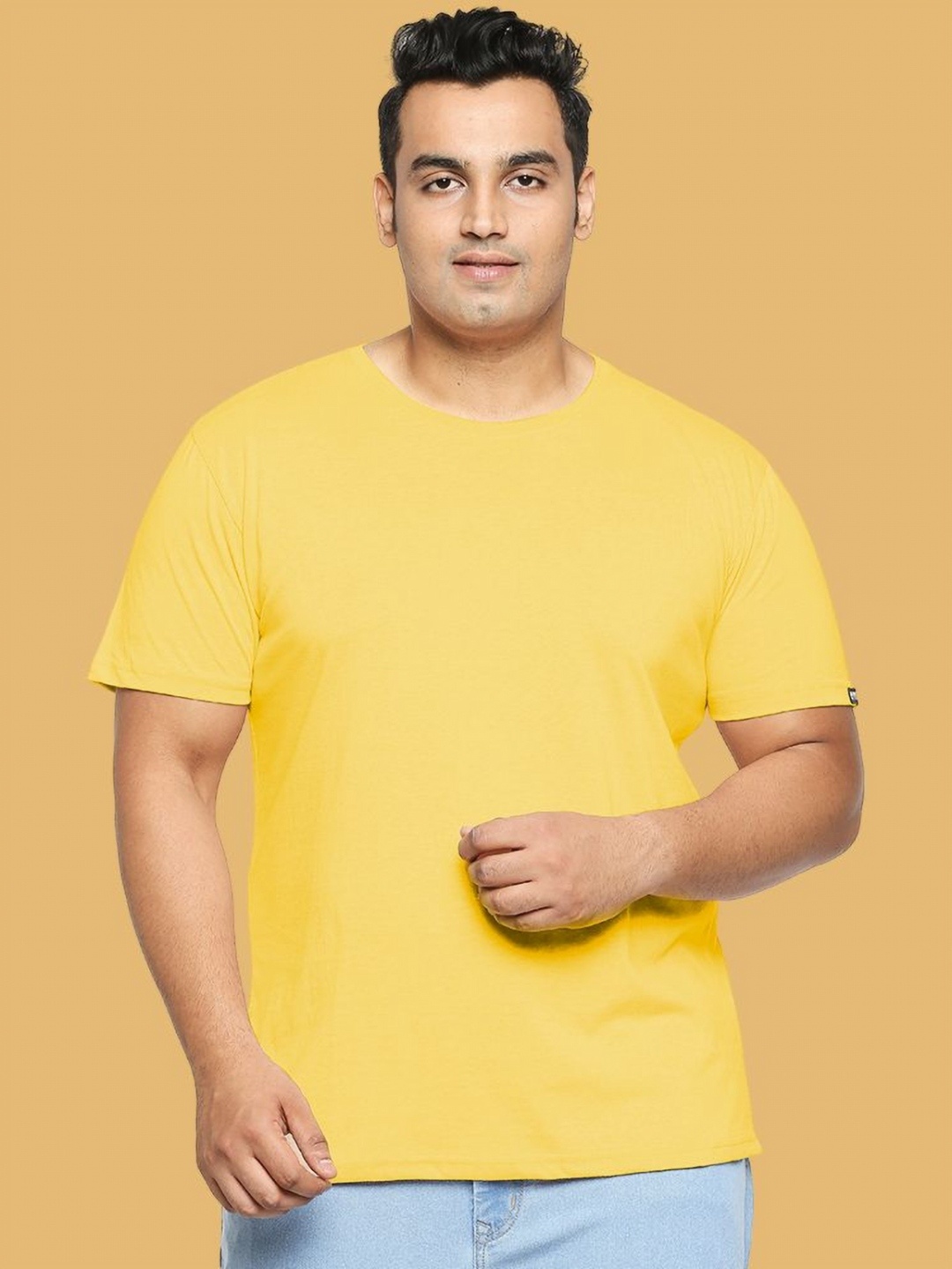

Wear Your Opinion Men Plus Size Solid Round Neck Cotton T-shirt, Yellow