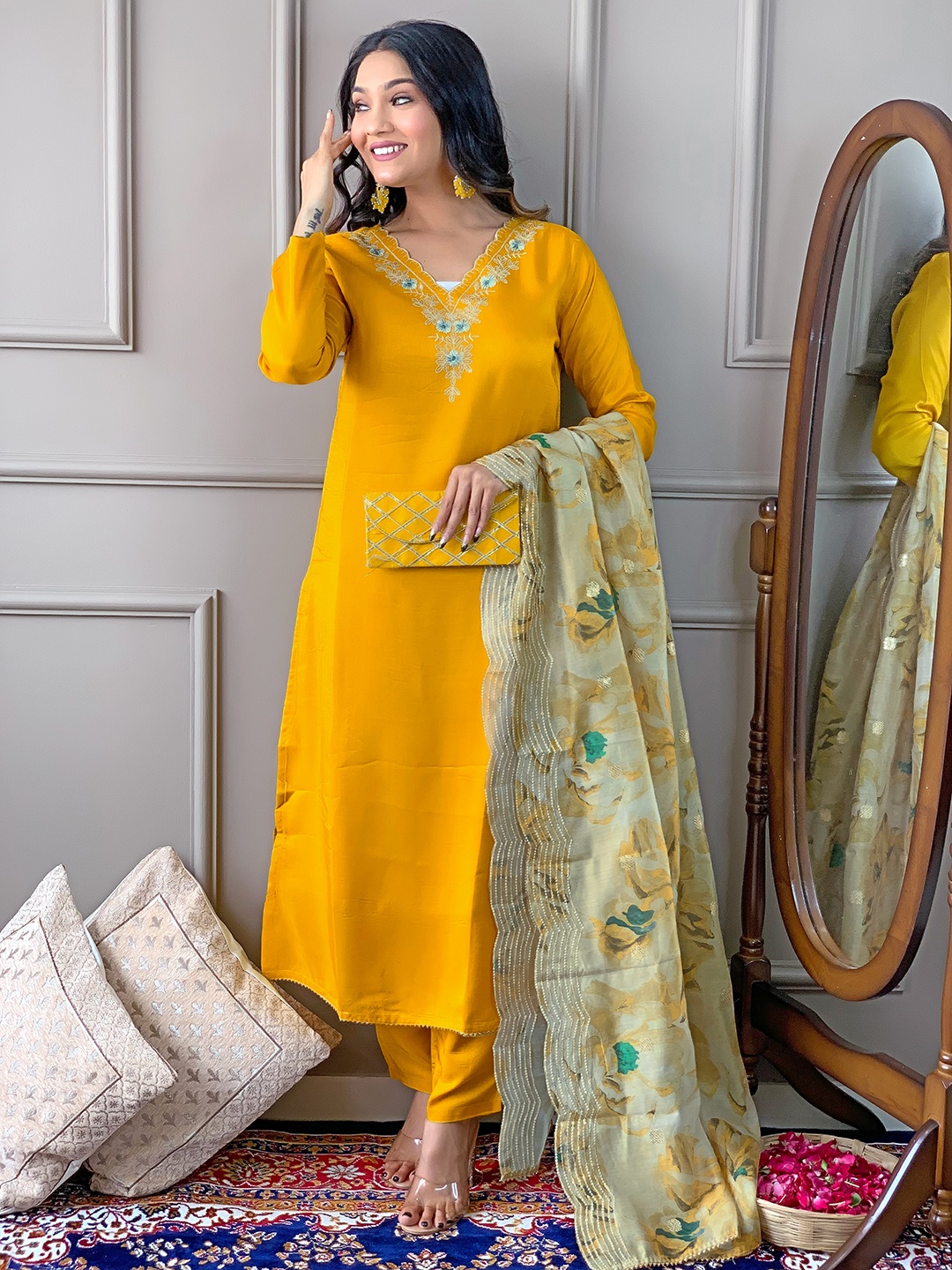 

JAPNAAM Floral Embroidered V Neck Kurta With Trousers & Dupatta, Yellow