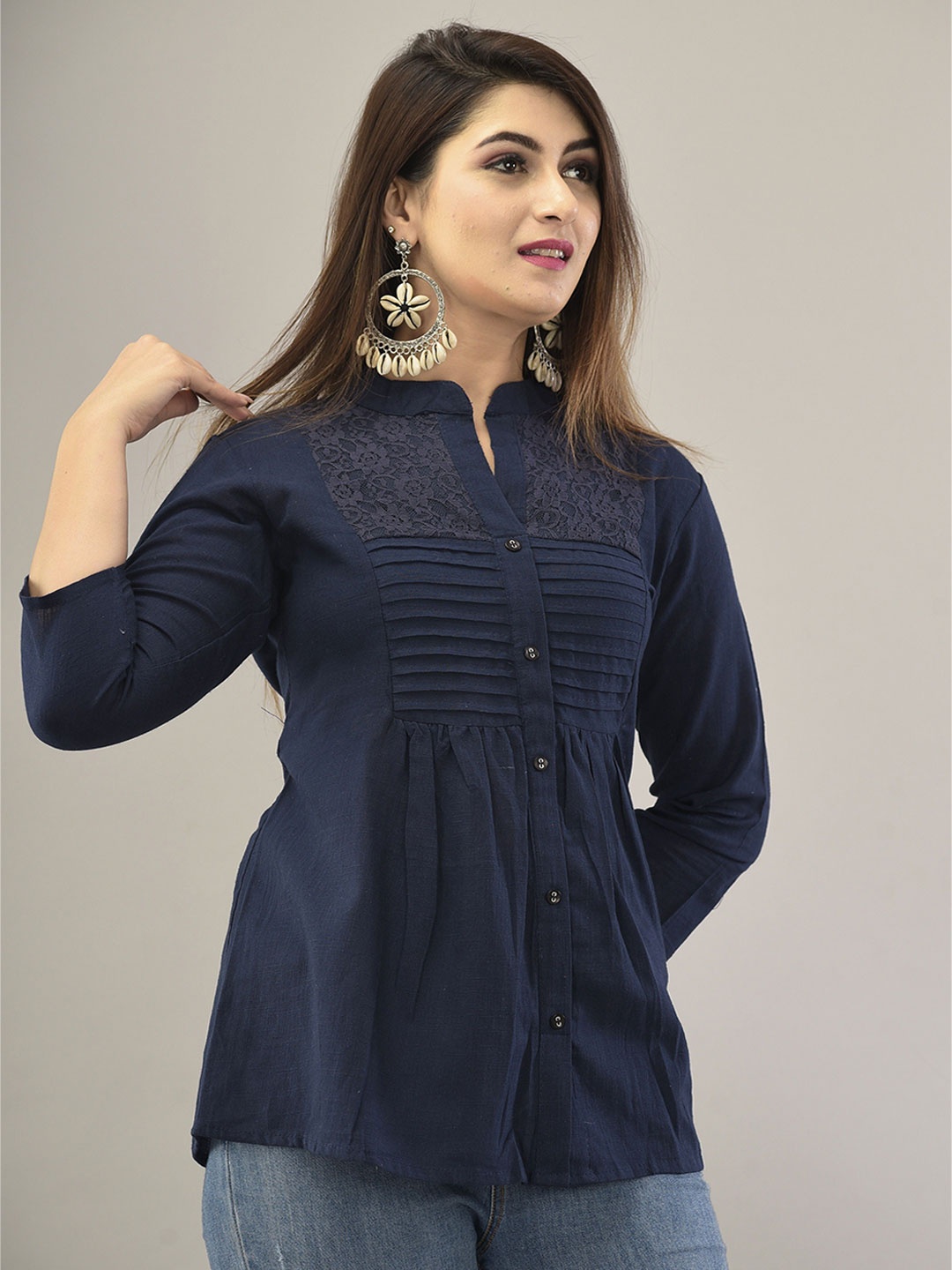 

VYMO Women Embroidered Mandarin Collar Shirt Style Top, Navy blue