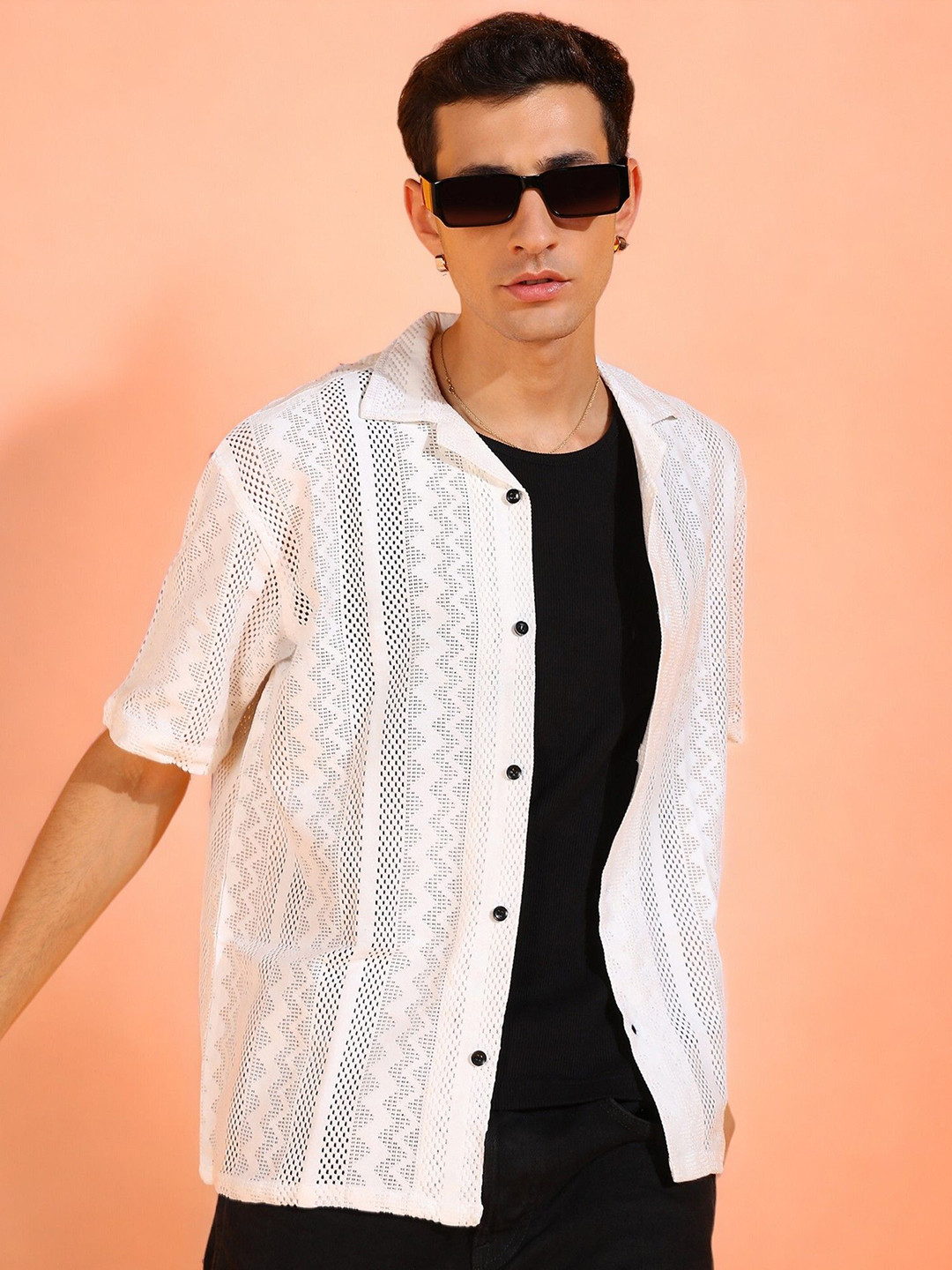 

INDICLUB Men Relaxed Fit Cuban Collar Textured Casual Shirt, White