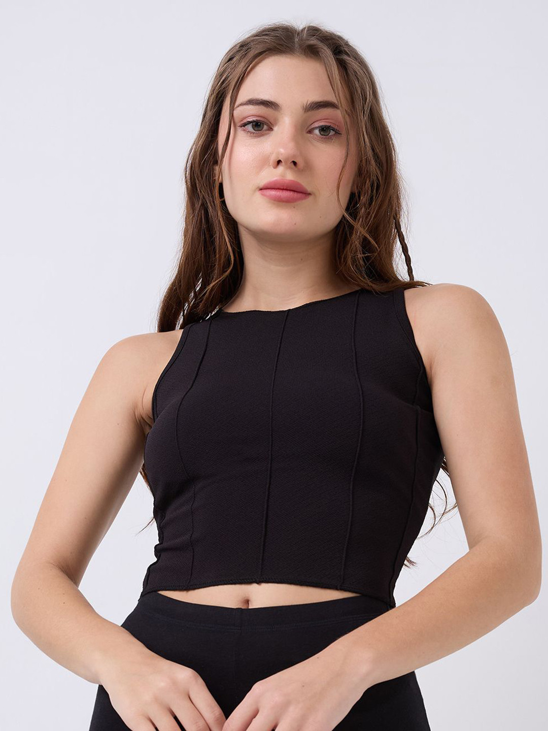 

SZN Women Solid Round Neck Crop Top, Black