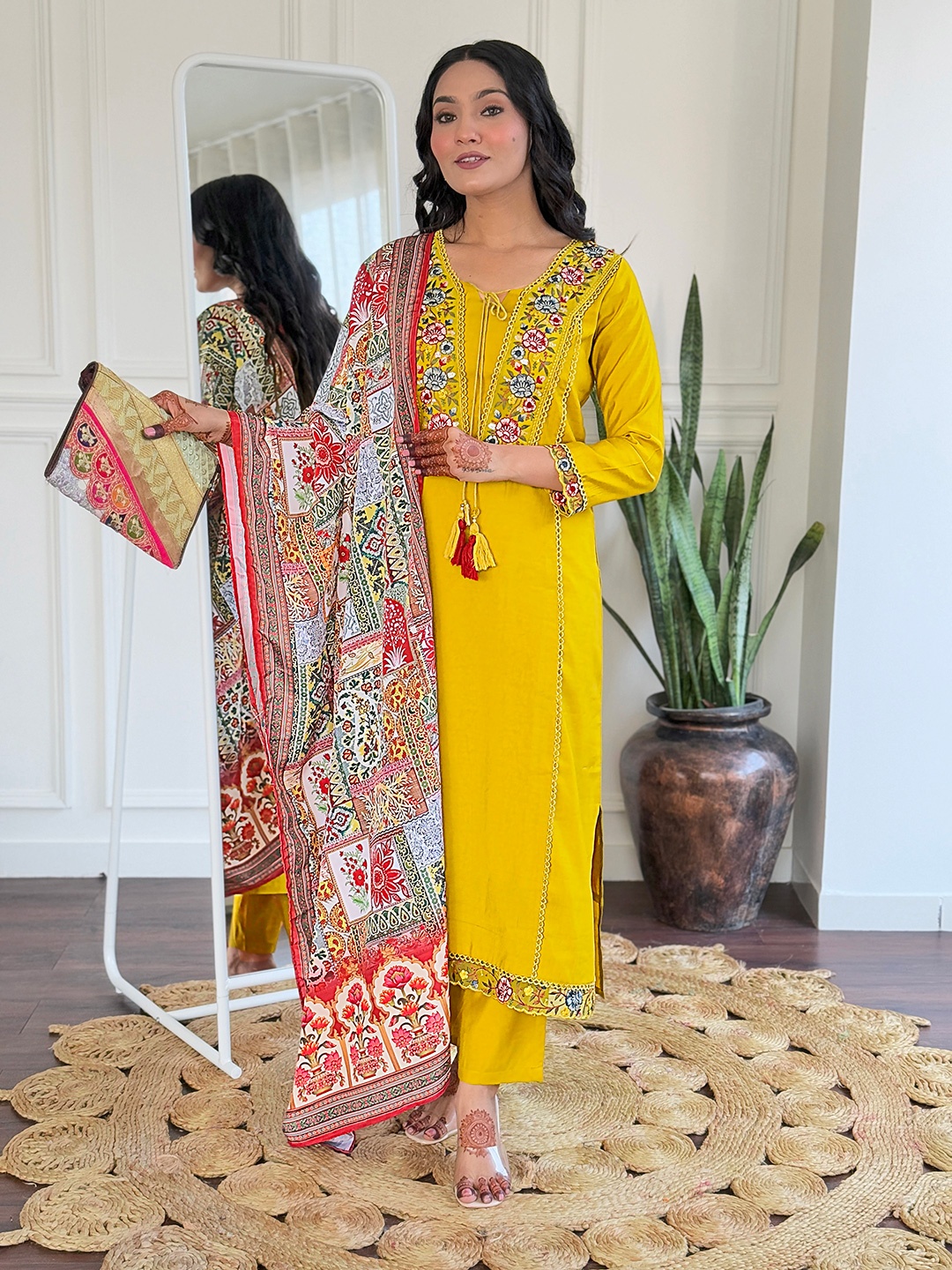 

KALINI Floral Embroidered V-Neck Straight Kurta With Trousers And Dupatta, Mustard