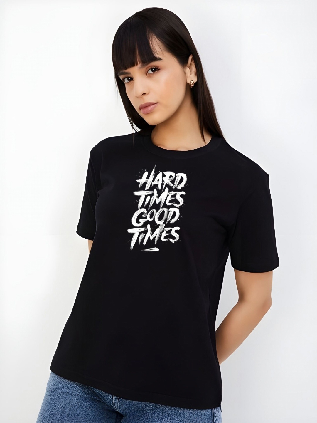 

Moda Rapido Women Typography Printed Round Neck Cotton T-shirt, Black