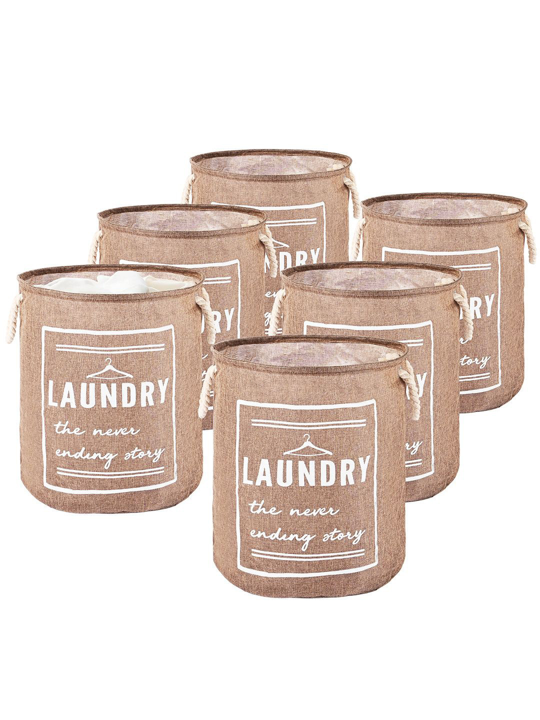 

Kuber Industries Brown & White 6 Pieces Printed Foldable Cloth Basket With Handle - 60 L, Coffee brown