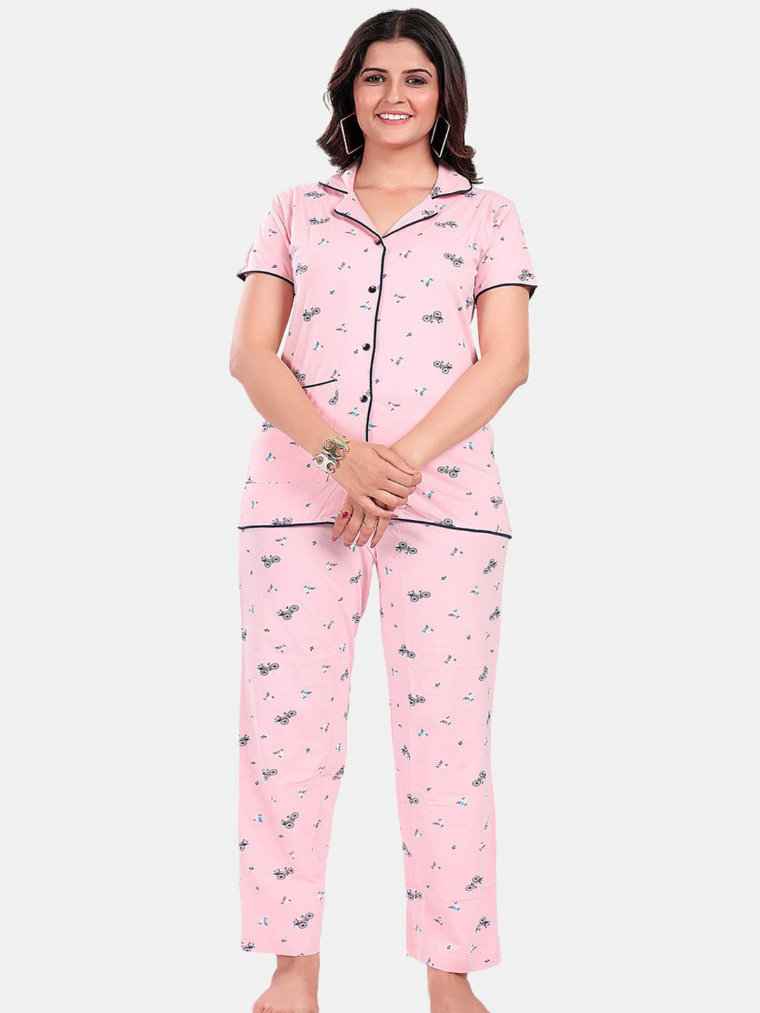 

SWEET MOON Printed Short Sleeves Shirt With Pyjama, Pink