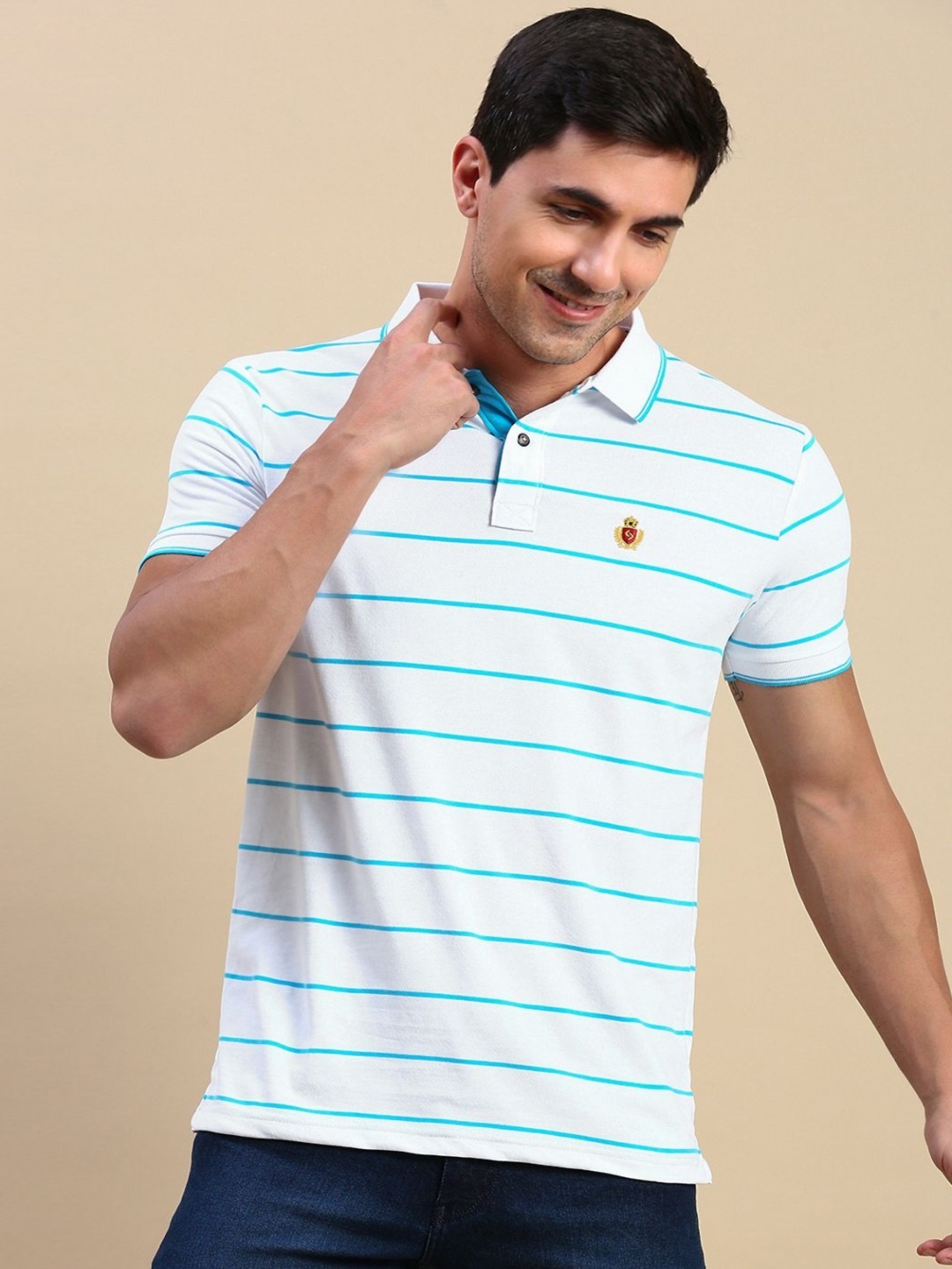 

Classic Polo Men Striped Polo Collar Cotton Slim Fit T-shirt, White