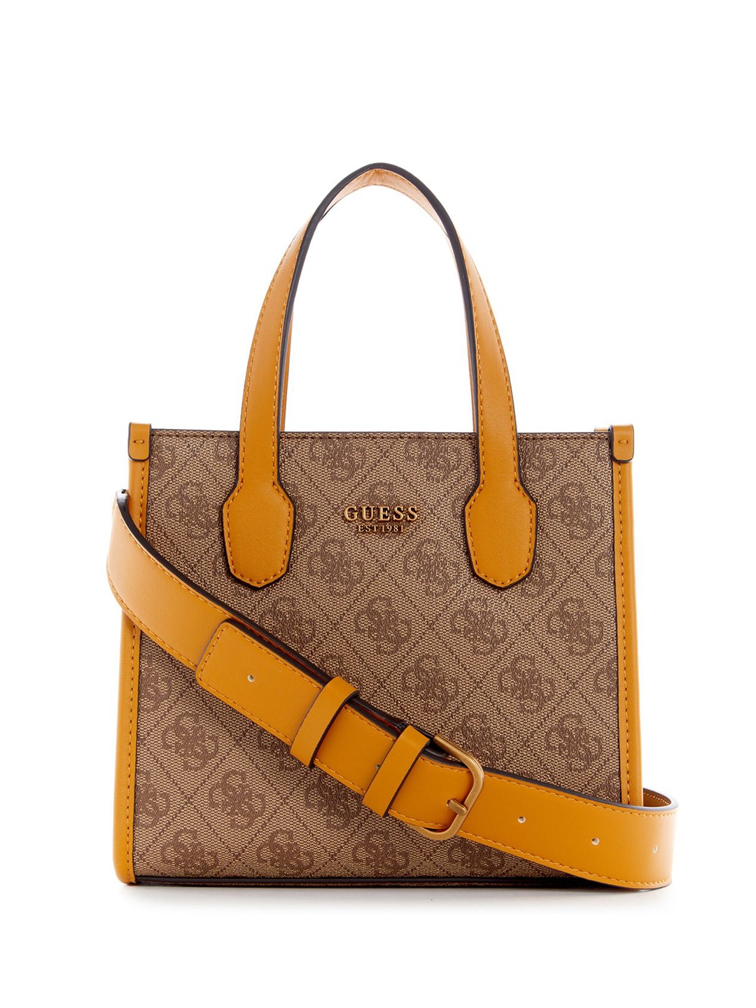 

GUESS Printed PU Structured Shoulder Bag with Cut Work, Brown