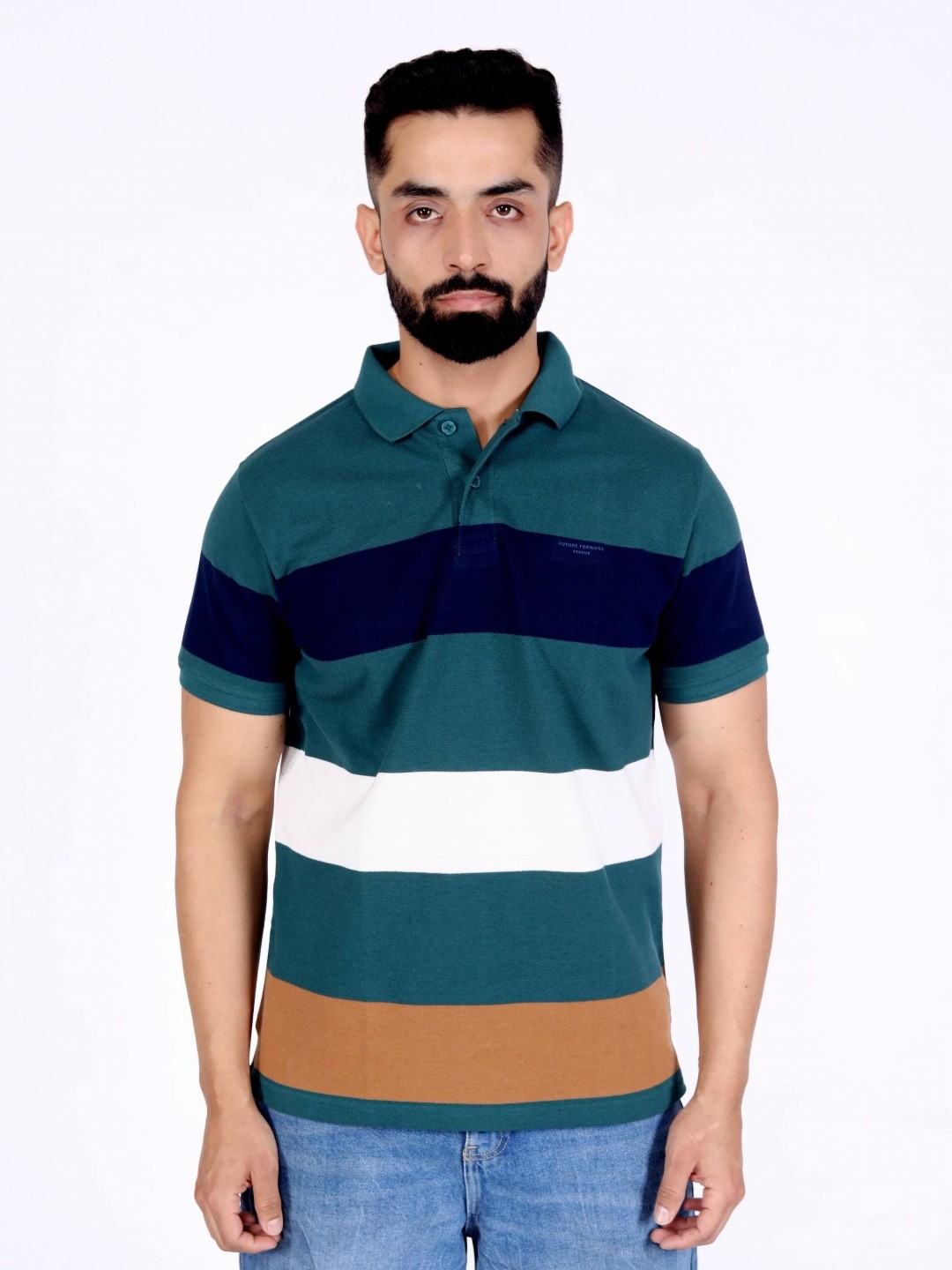 

ARBOUR Men Striped Polo Collar Cotton Slim Fit T-shirt, Green