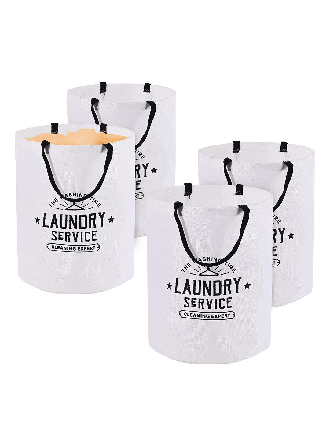 

Kuber Industries White & Black 4 Pieces Printed Foldable Cloth Basket With Handle
