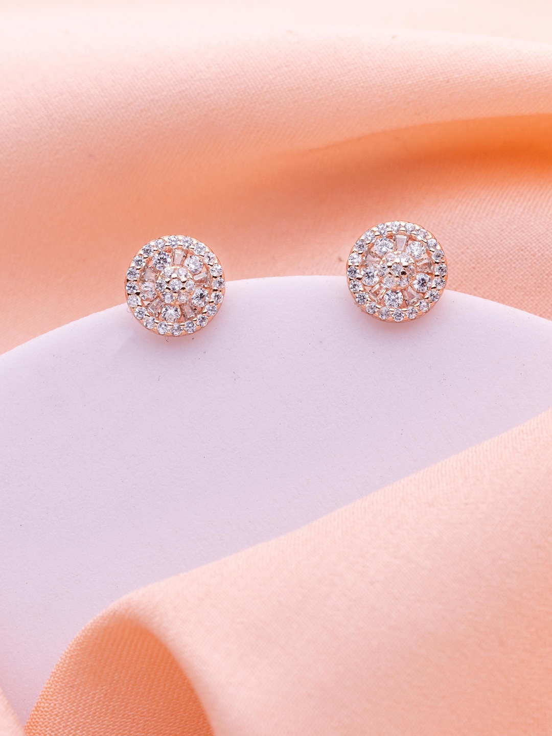 

LIORA 925 Silver Jewellery Rose Gold-Plated Cubic Zirconia Studded Circular Shaped Studs