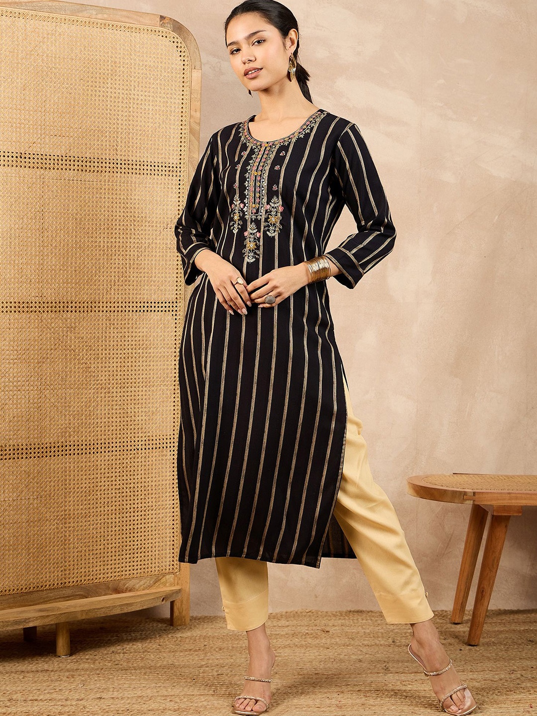 

all about you Striped Round Neck Sequinned Straight Kurta, Black