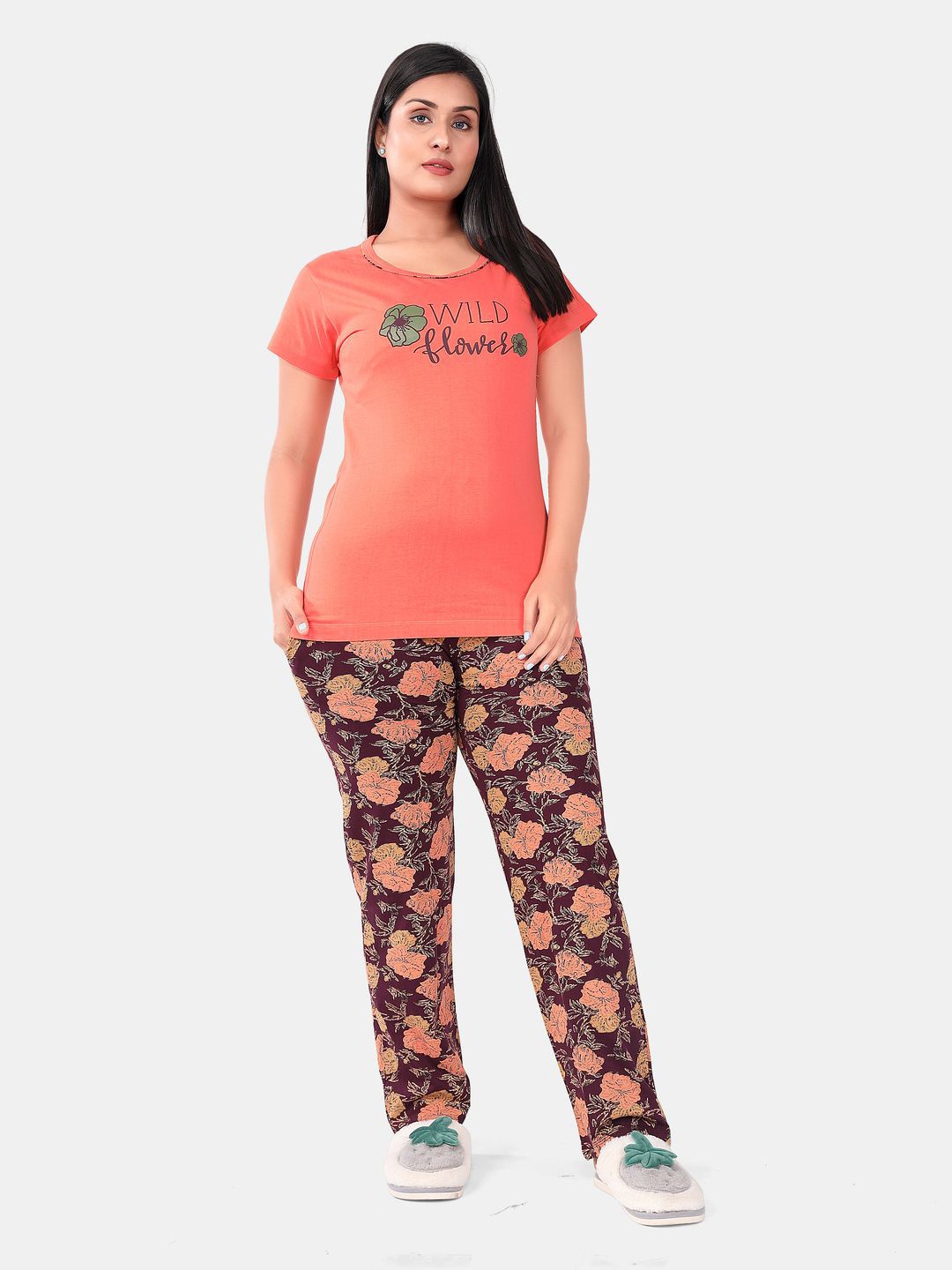 

SWEET MOON Printed Round Neck T-Shirt With Pyjama, Orange