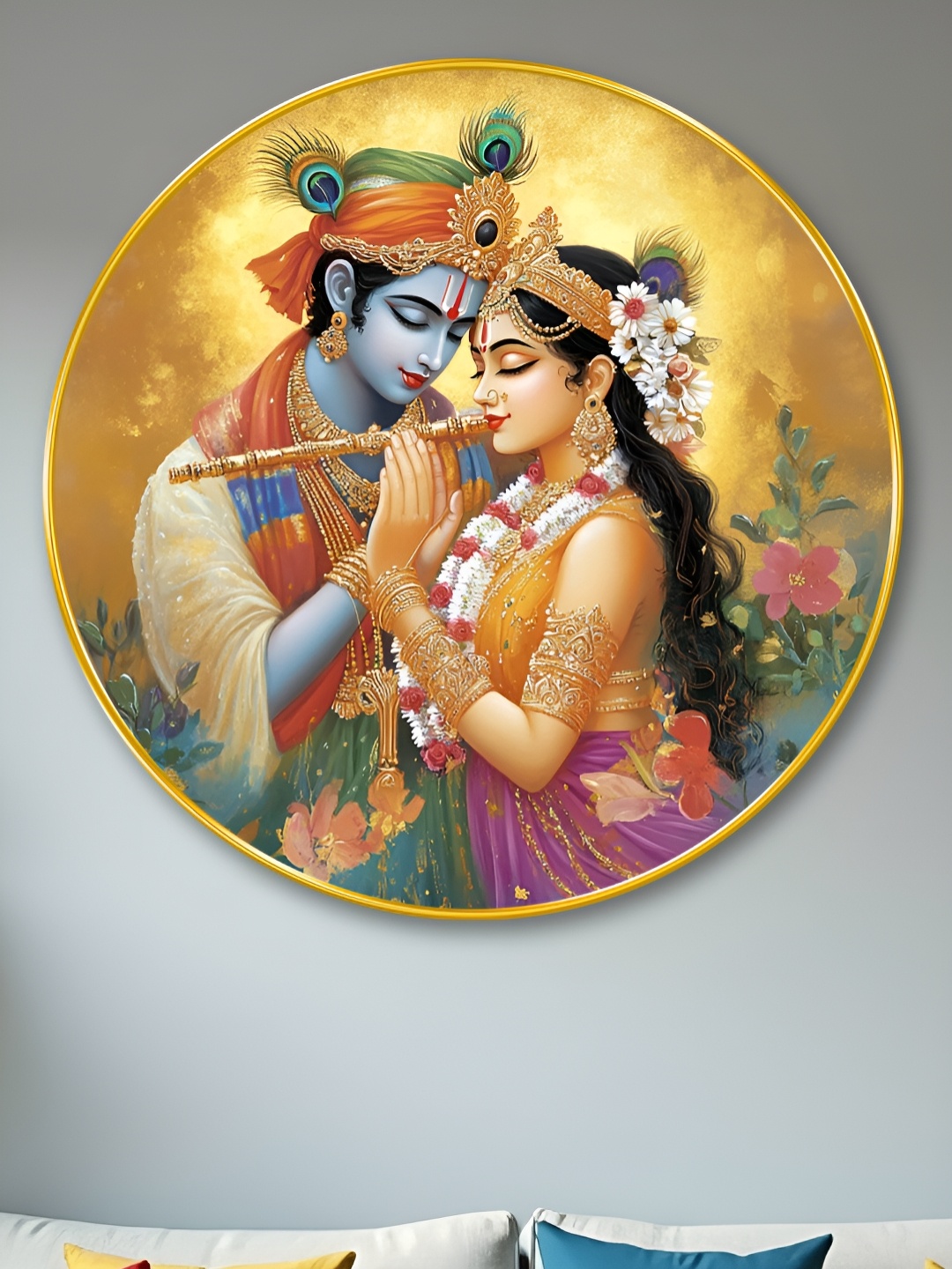 

Myntra Elegant Homes Yellow And Orange Radha Krishna Religious Printed Wood Wall Art