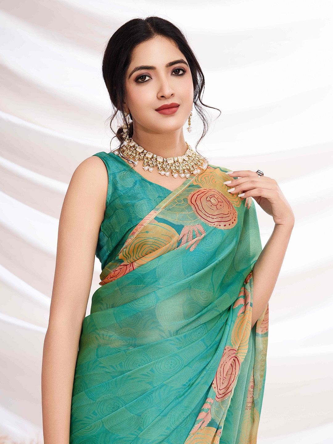 

all about you Aari Work Printed Saree, Turquoise blue