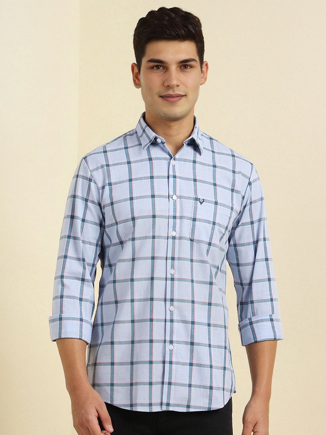 

Allen Solly Men Spread Collar Windowpane Checked Cotton Casual Shirt, Blue