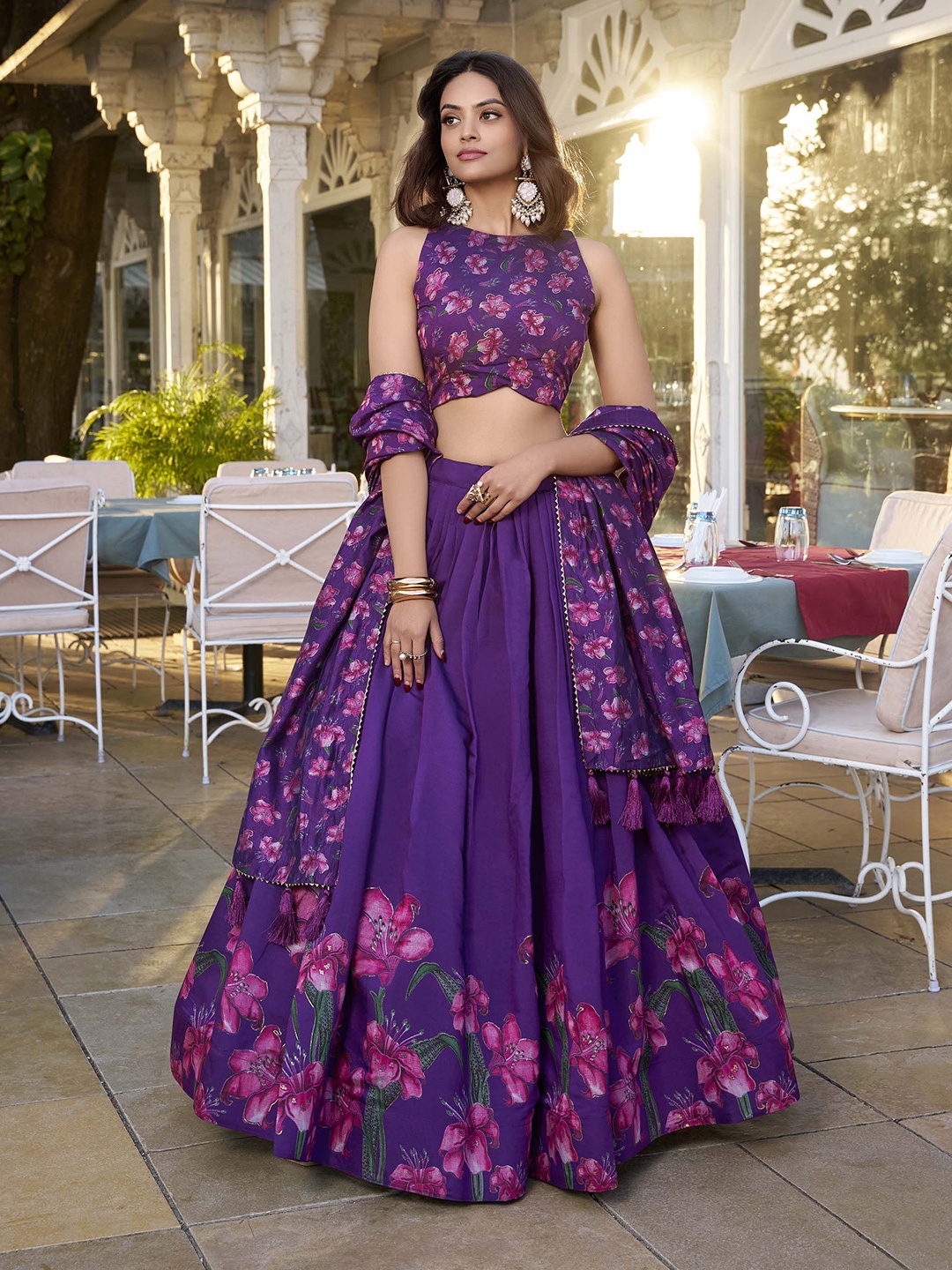

LOOKNBOOK ART Printed Silk Ready To Wear Lehenga & Unstitched Blouse With Dupatta, Purple