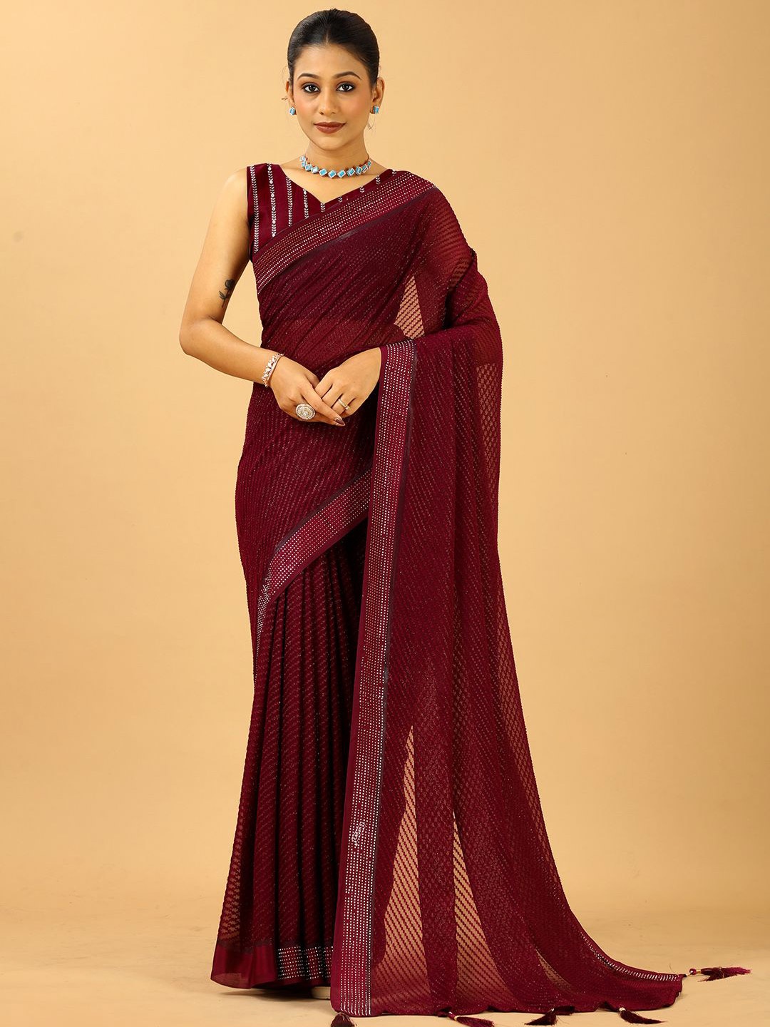 

NIRMAL CREATION Embellished Beads and Stones Saree, Maroon