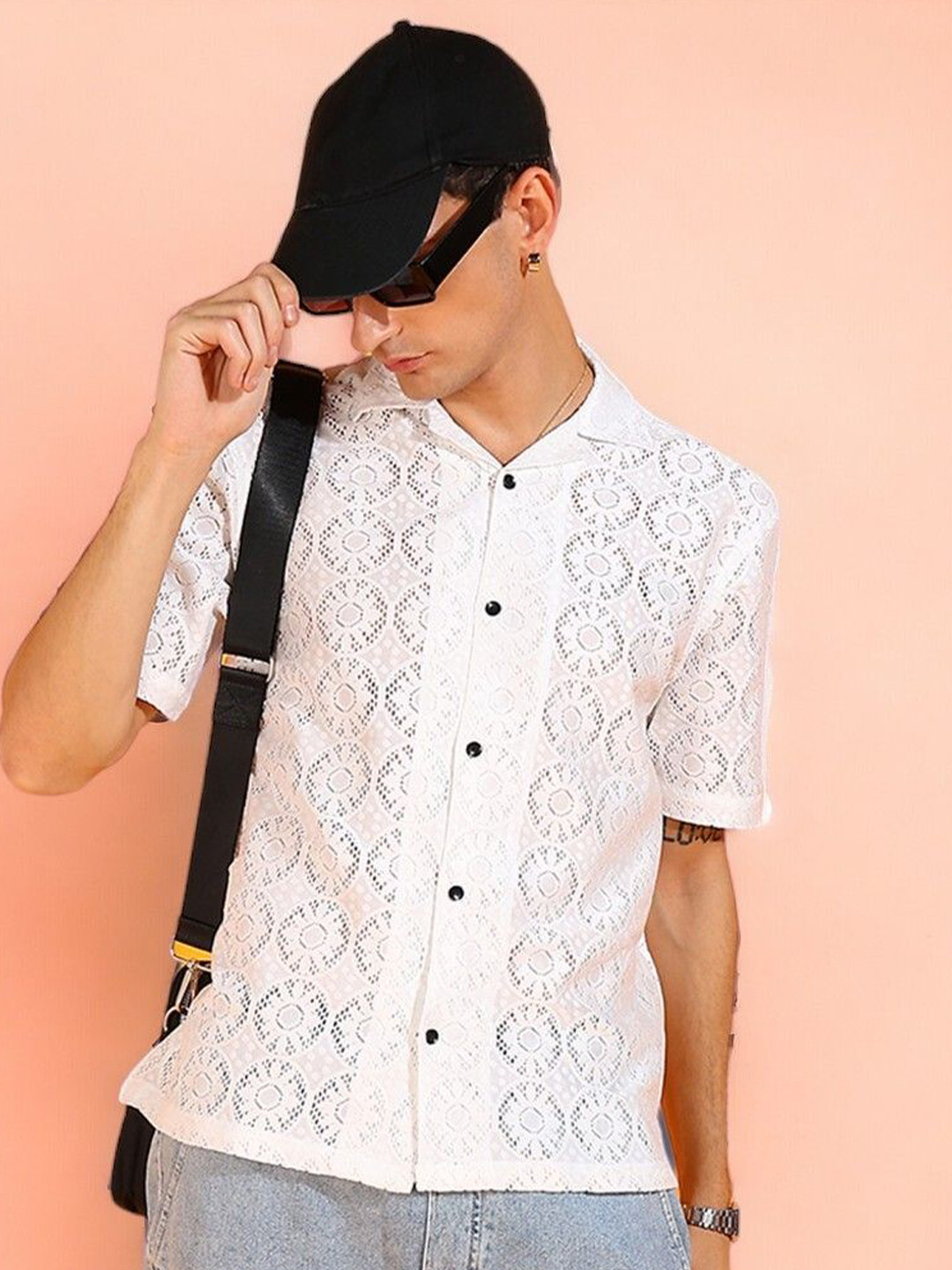 

INDICLUB Men Relaxed Fit Cuban Collar Textured Casual Shirt, White