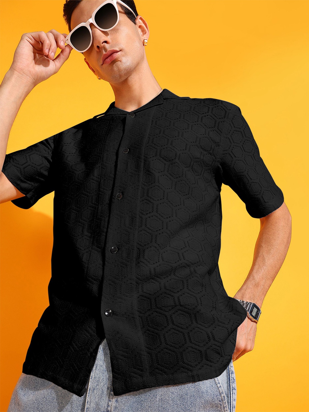 

INDICLUB Men Relaxed Fit Cuban Collar Textured Casual Shirt, Black