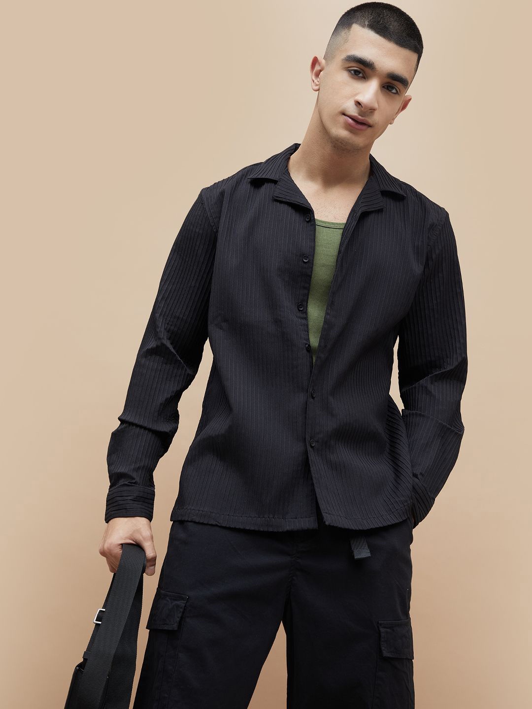 

Forca Men Relaxed Fit Cuban Collar Textured Cotton Casual Shirt, Black
