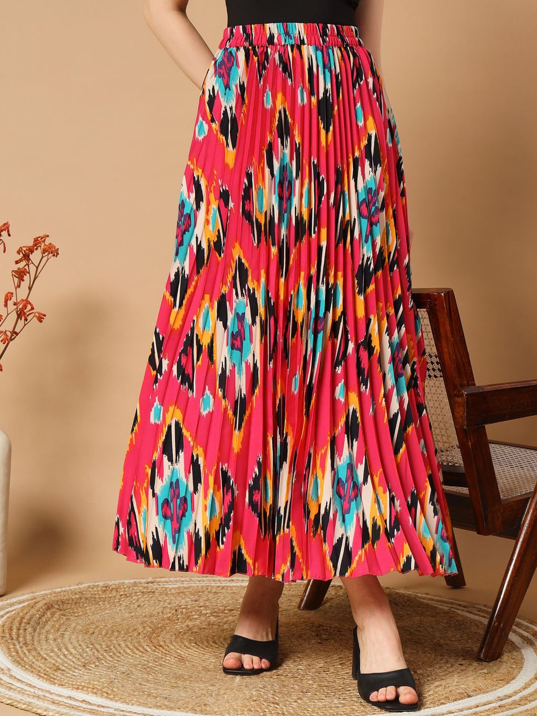 

ZWERLON Women Abstract Printed Pleated Skirt, Pink