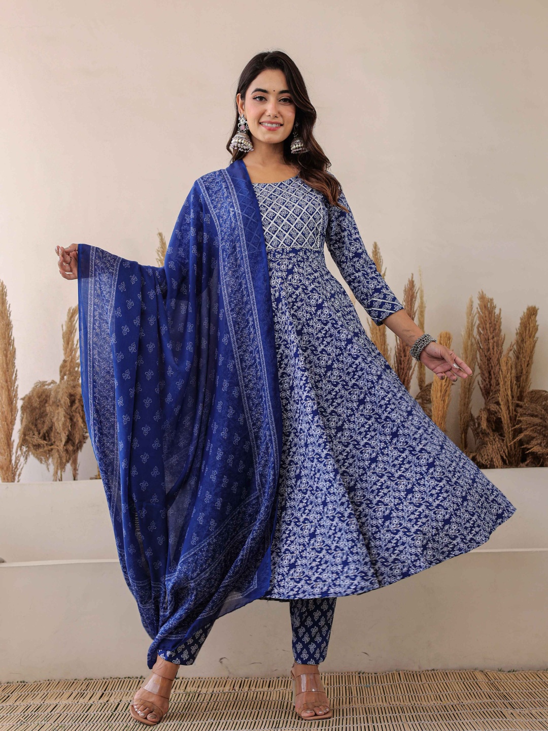 

KETAKI FASHION Floral Printed Gotta Patti Anarkali Kurta With Trousers And Dupatta, Blue