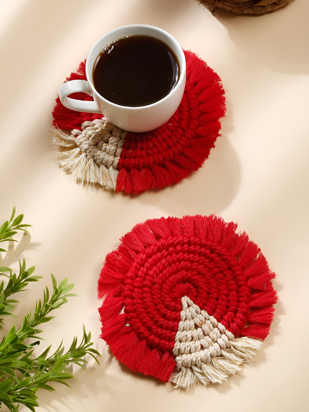 

My Creative Hut Red & Beige 2 Pcs Bohomian Cotton Round Coasters