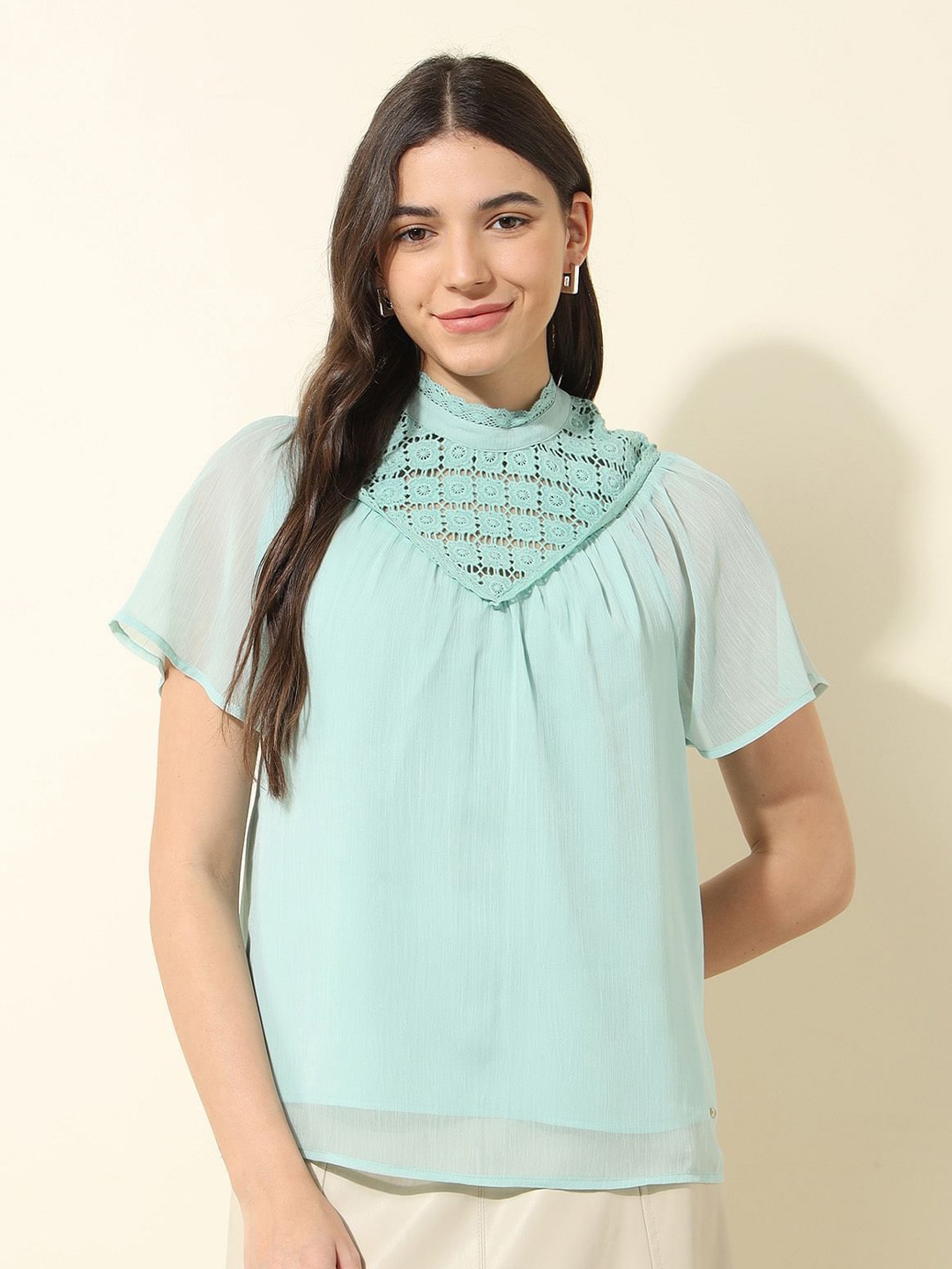 

U.S. Polo Assn. Women Flared Sleeve Lace Detailed Top, Turquoise blue