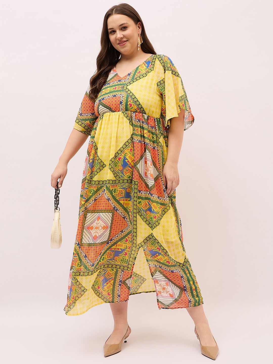 

DressBerry Curve Women Print Kimono Sleeve Georgette A-Line Maxi Plus Size Dress, Yellow