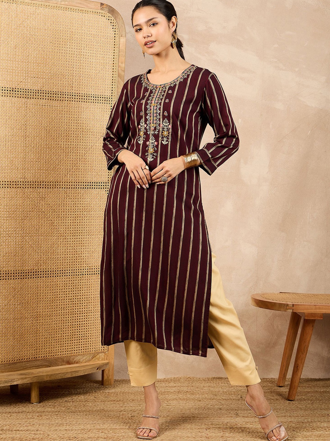 

all about you Striped Printed Sequinned Round Neck Straight Kurta, Maroon