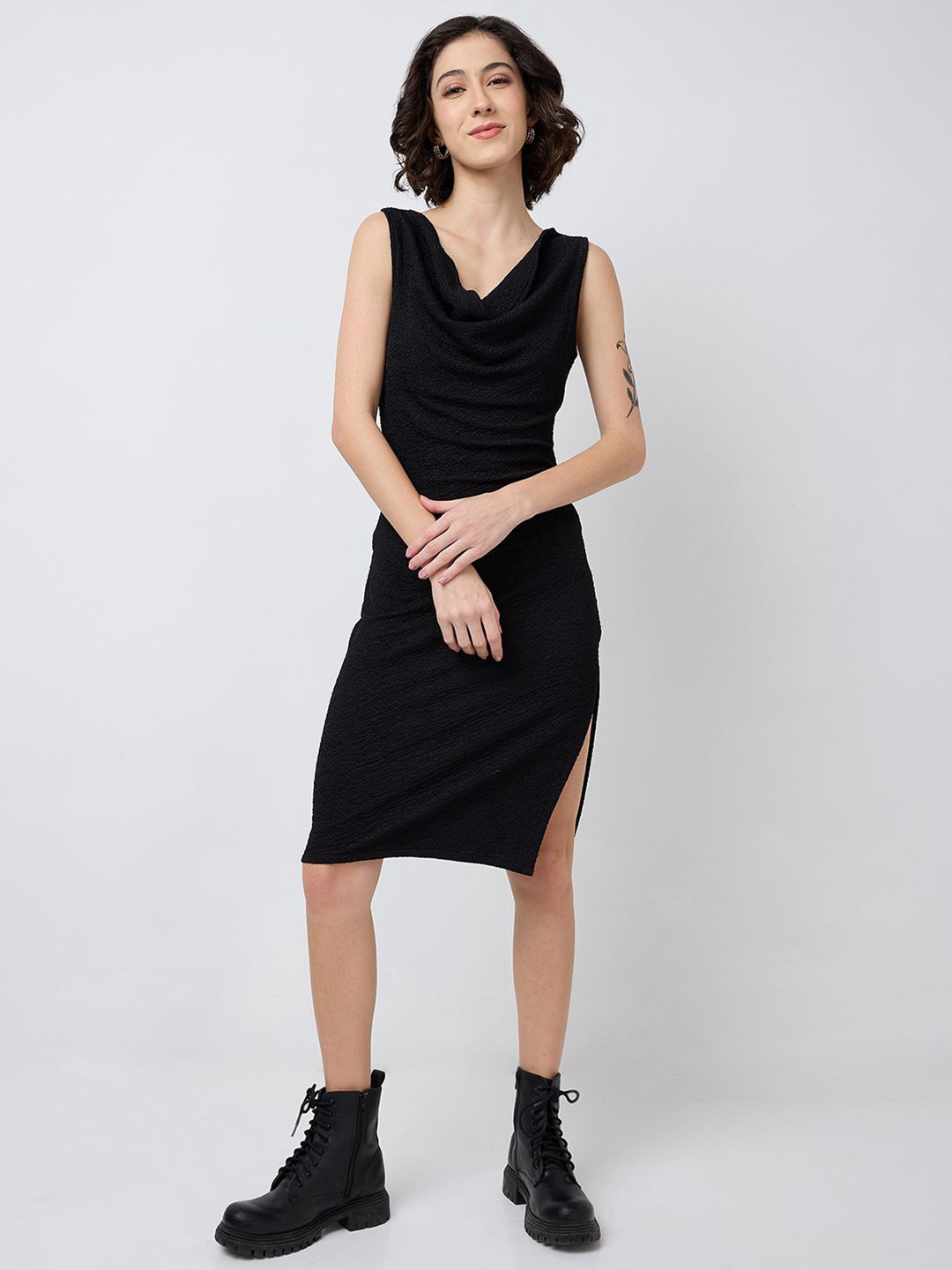 

SZN Cowl Neck Cotton Bodycon Dress, Black