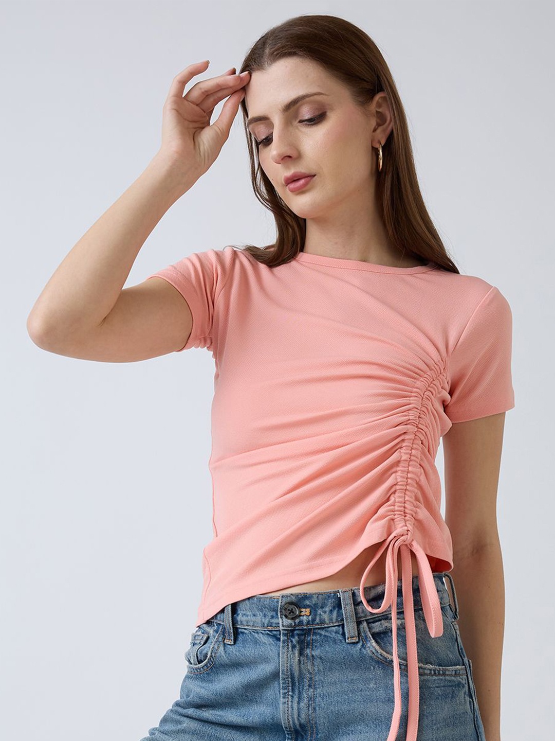 

SZN Women Ruched Fitted Crop Top, Peach