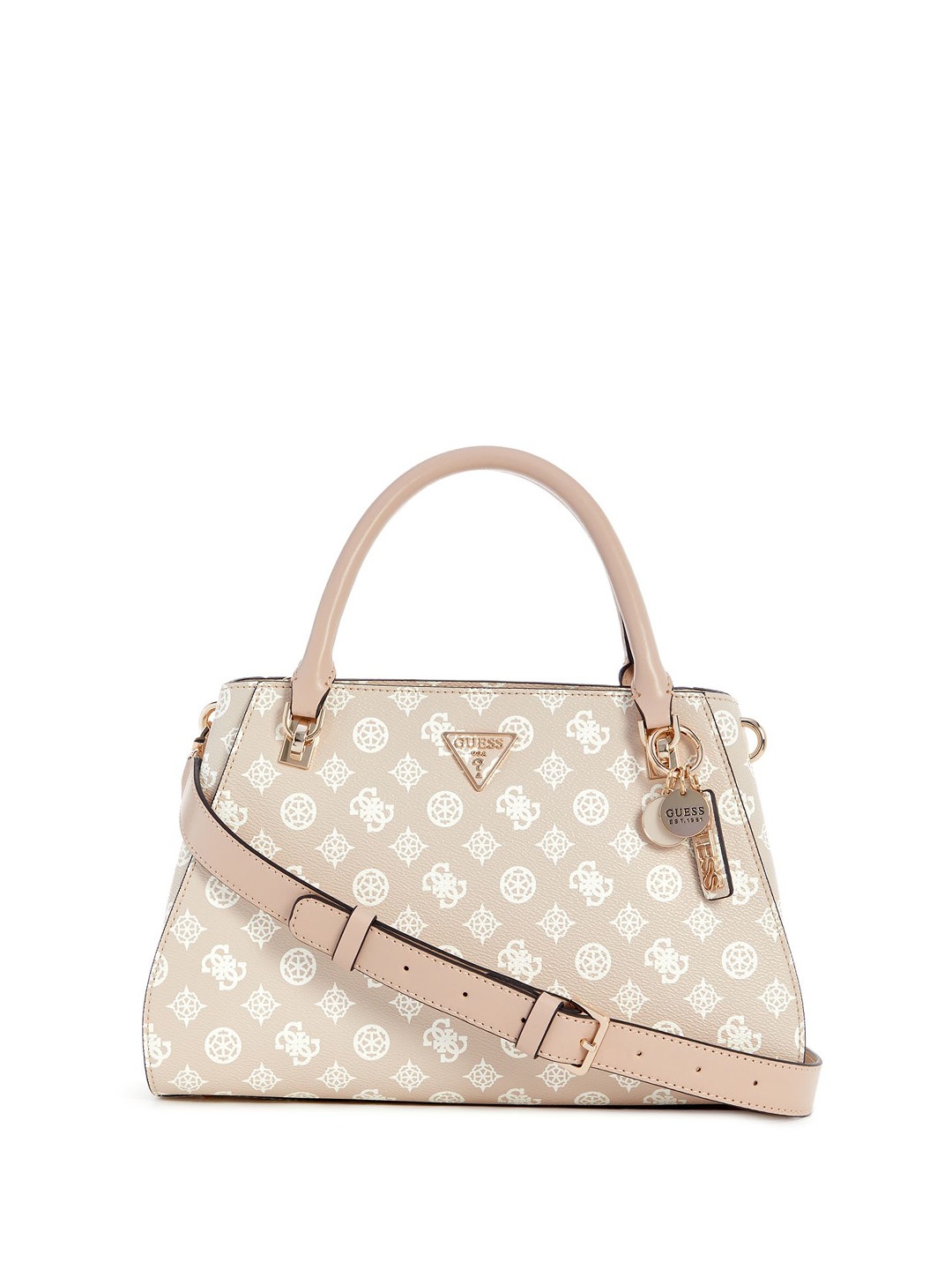 

GUESS Women Brand Logo Printed Structured Handheld Bag, Beige