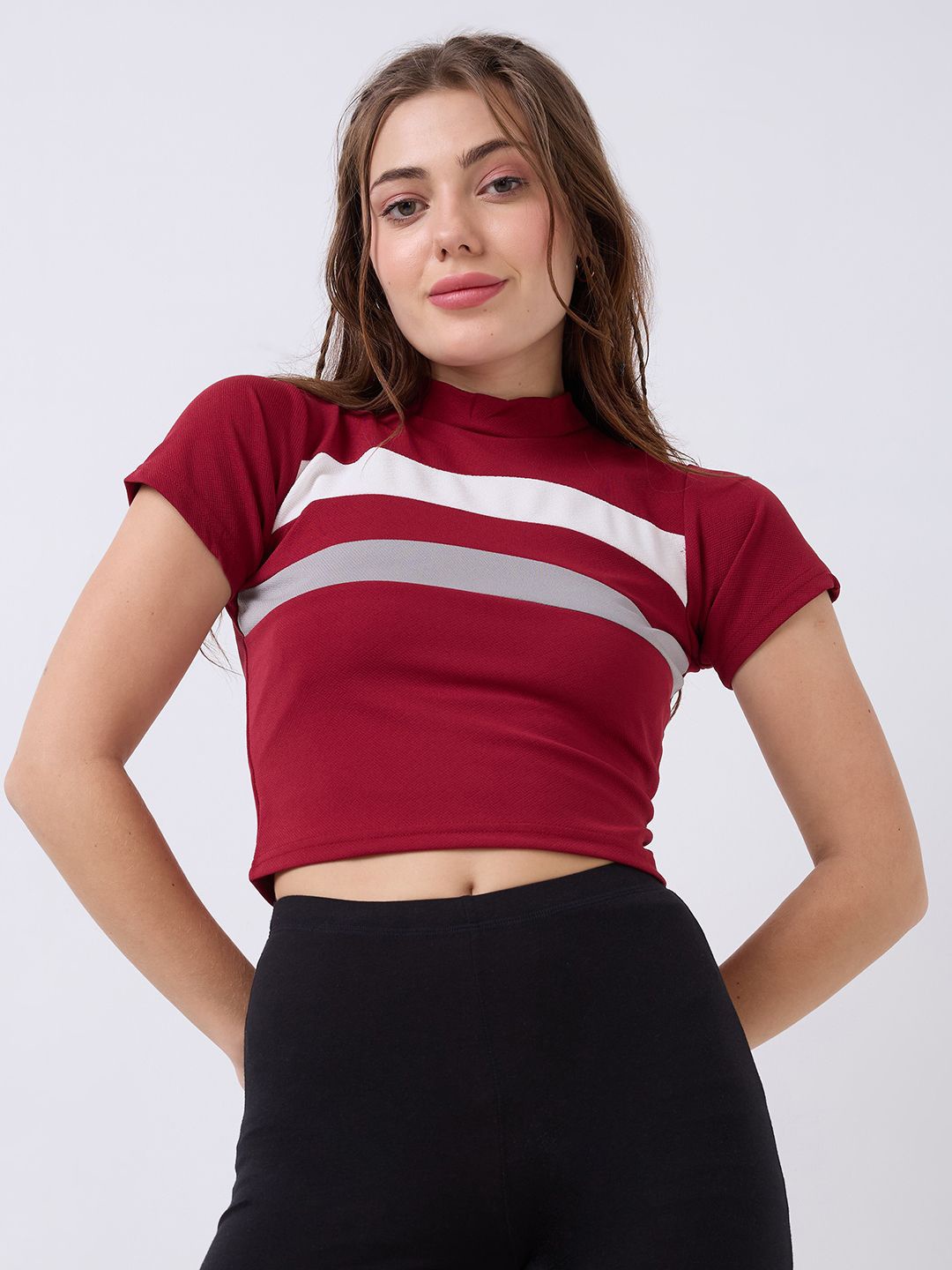 

SZN Women Striped Fitted Crop Top, Maroon