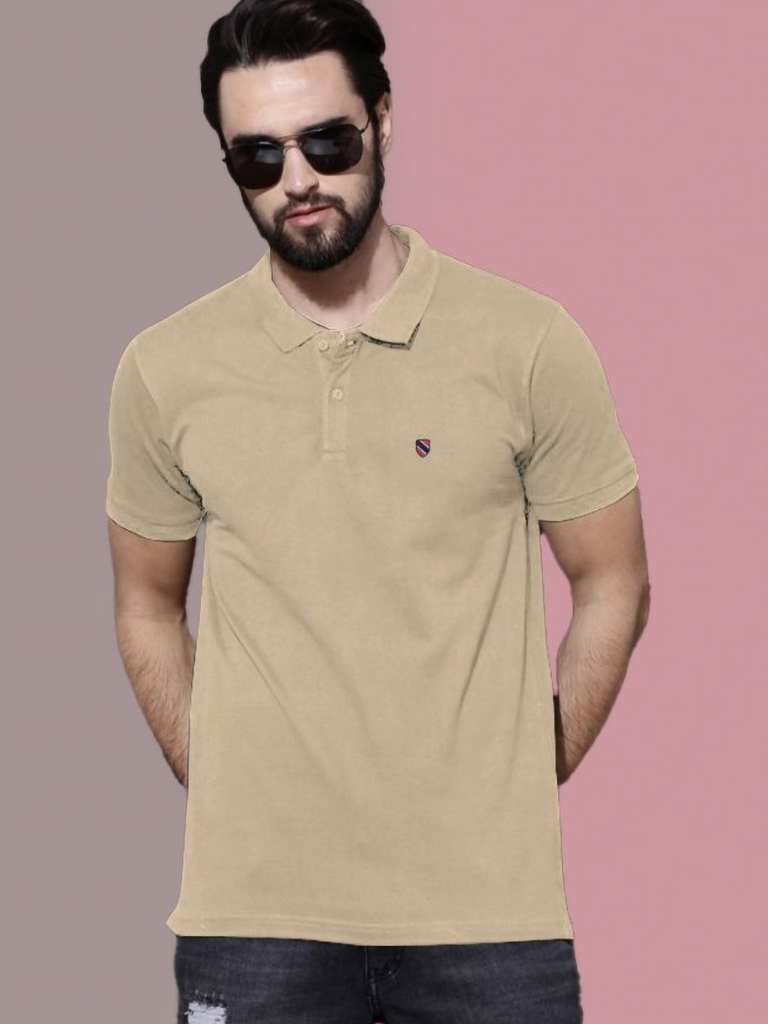 

MERRIMENT Men Solid Polo Collar Cotton T-shirt, Beige