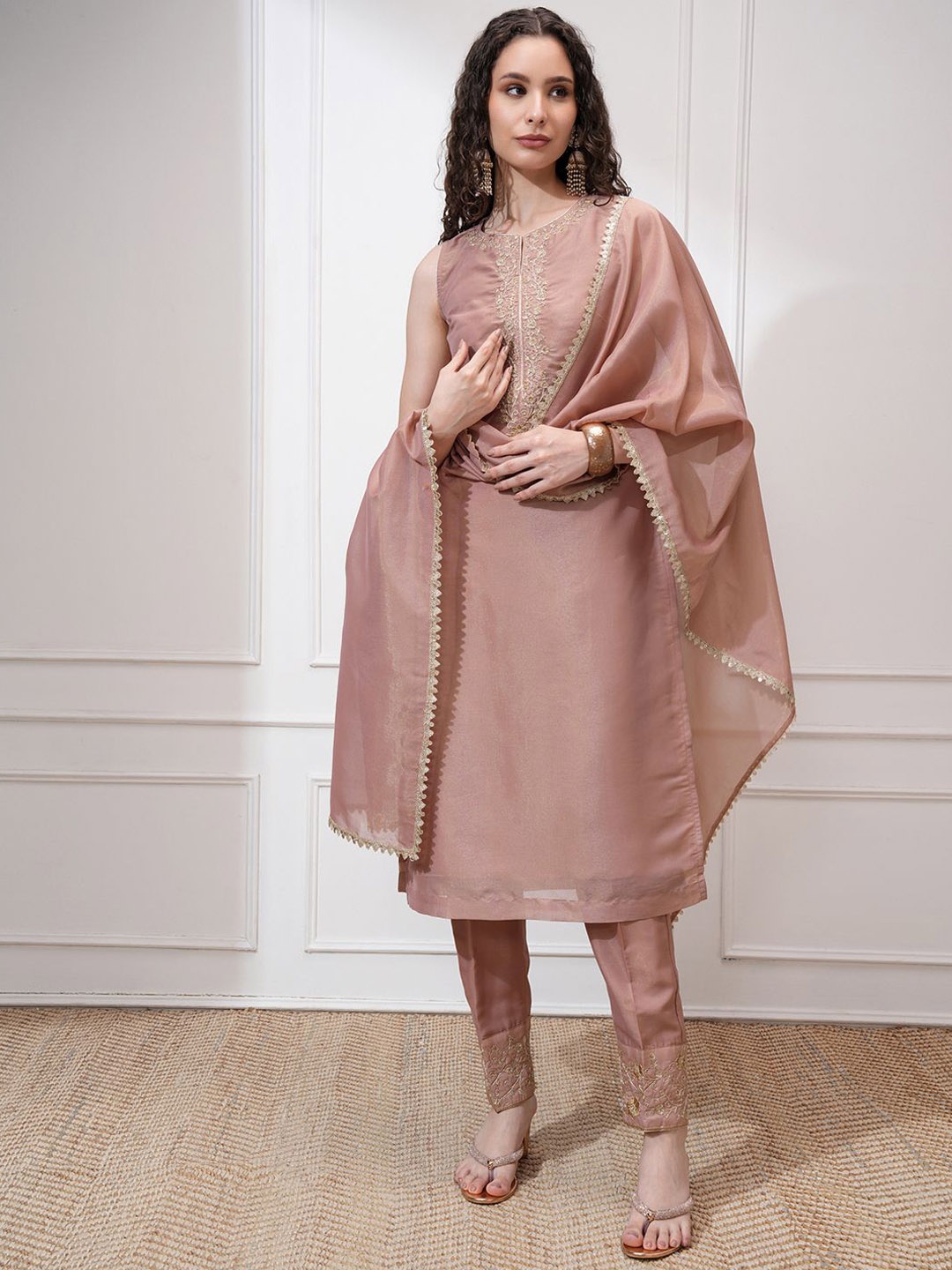 

Vishudh Women Embroidered Straight Sleeveless Kurta Set with Slim Pants and Tissue Dupatta, Pink