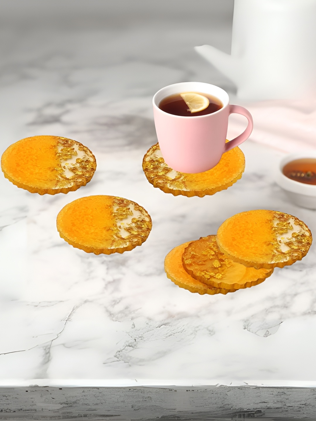 

ShopMeFast 6-Pcs Yellow Round Resin Coaster Set, Orange